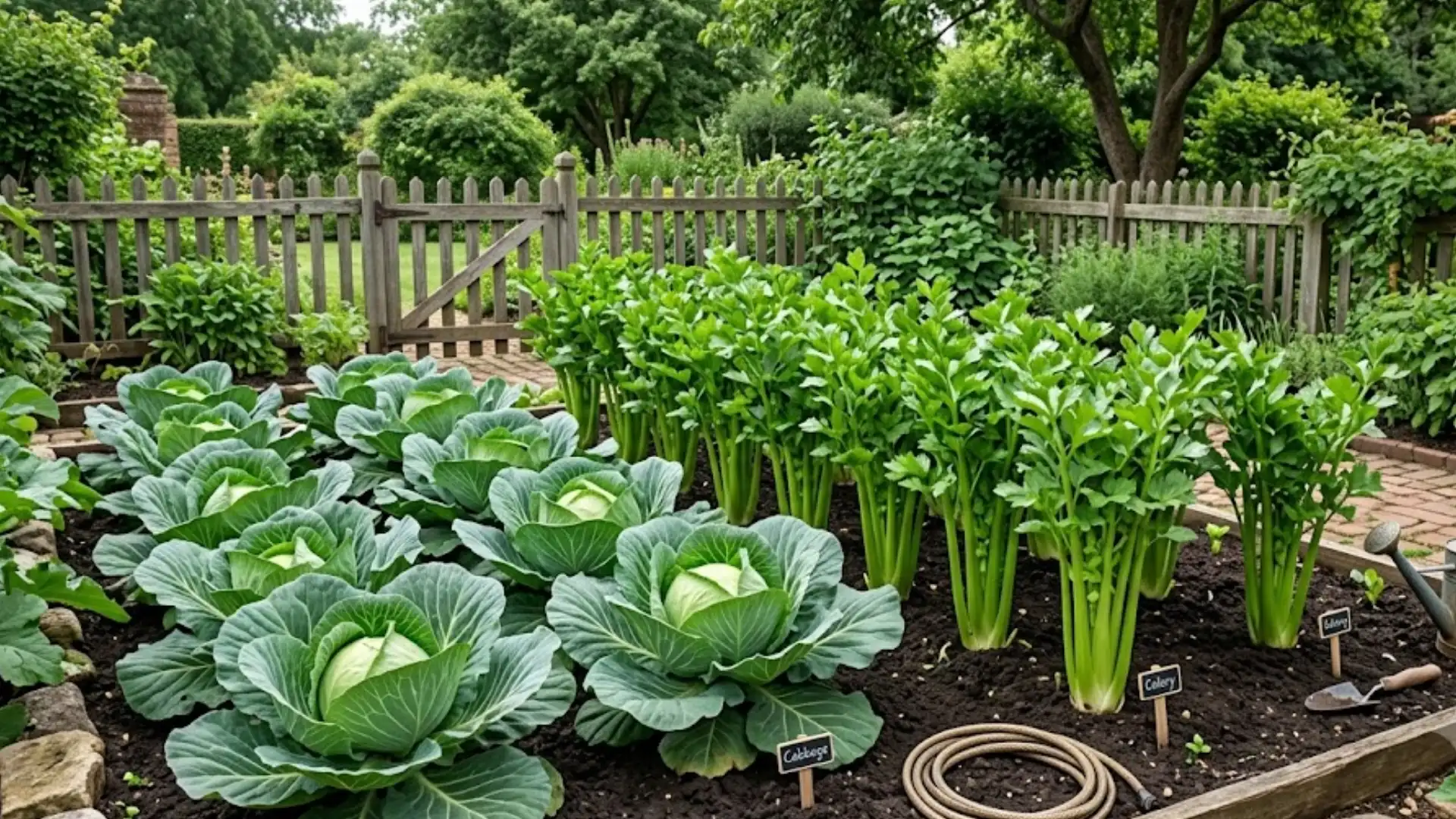 celery growing alongside mature cabbage plants in fertile soil under natural daylight