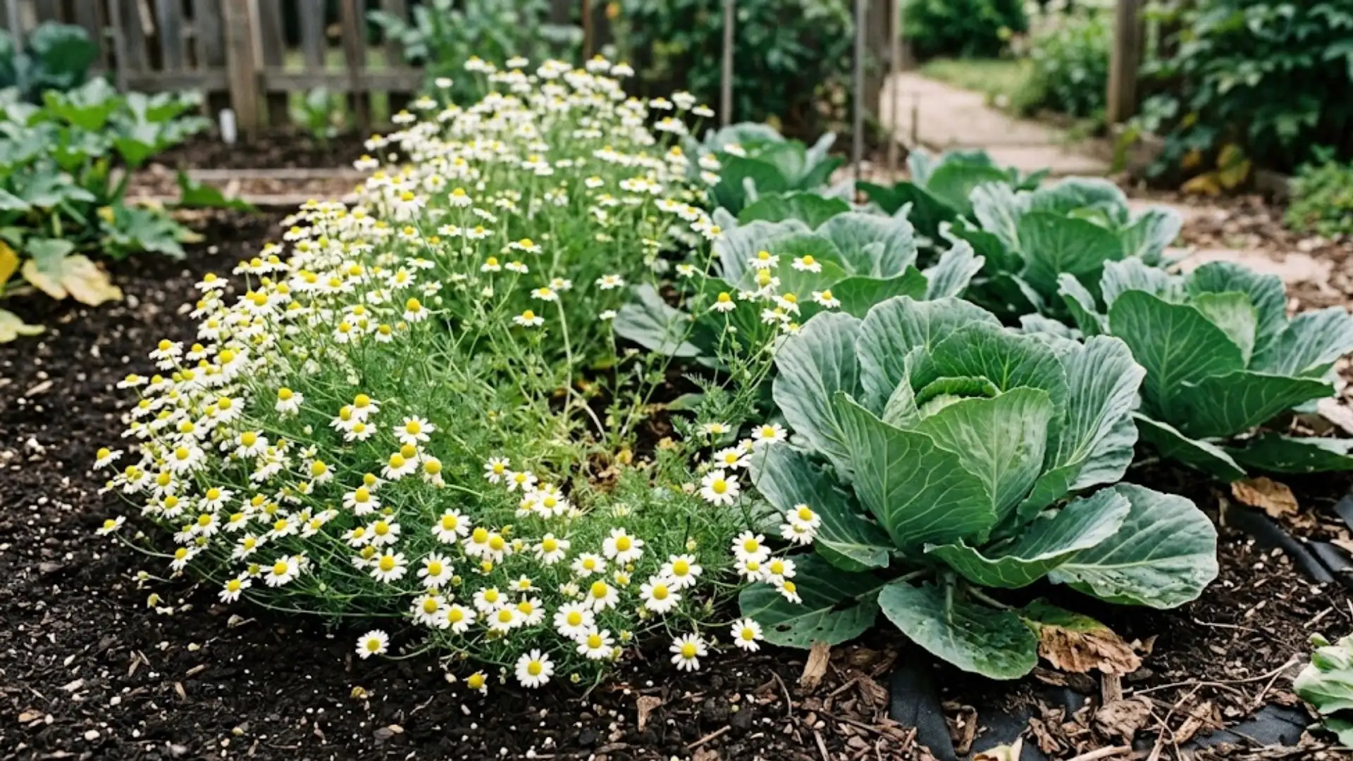 chamomile flowers blooming beside cabbage plants in a healthy backyard vegetable garden
