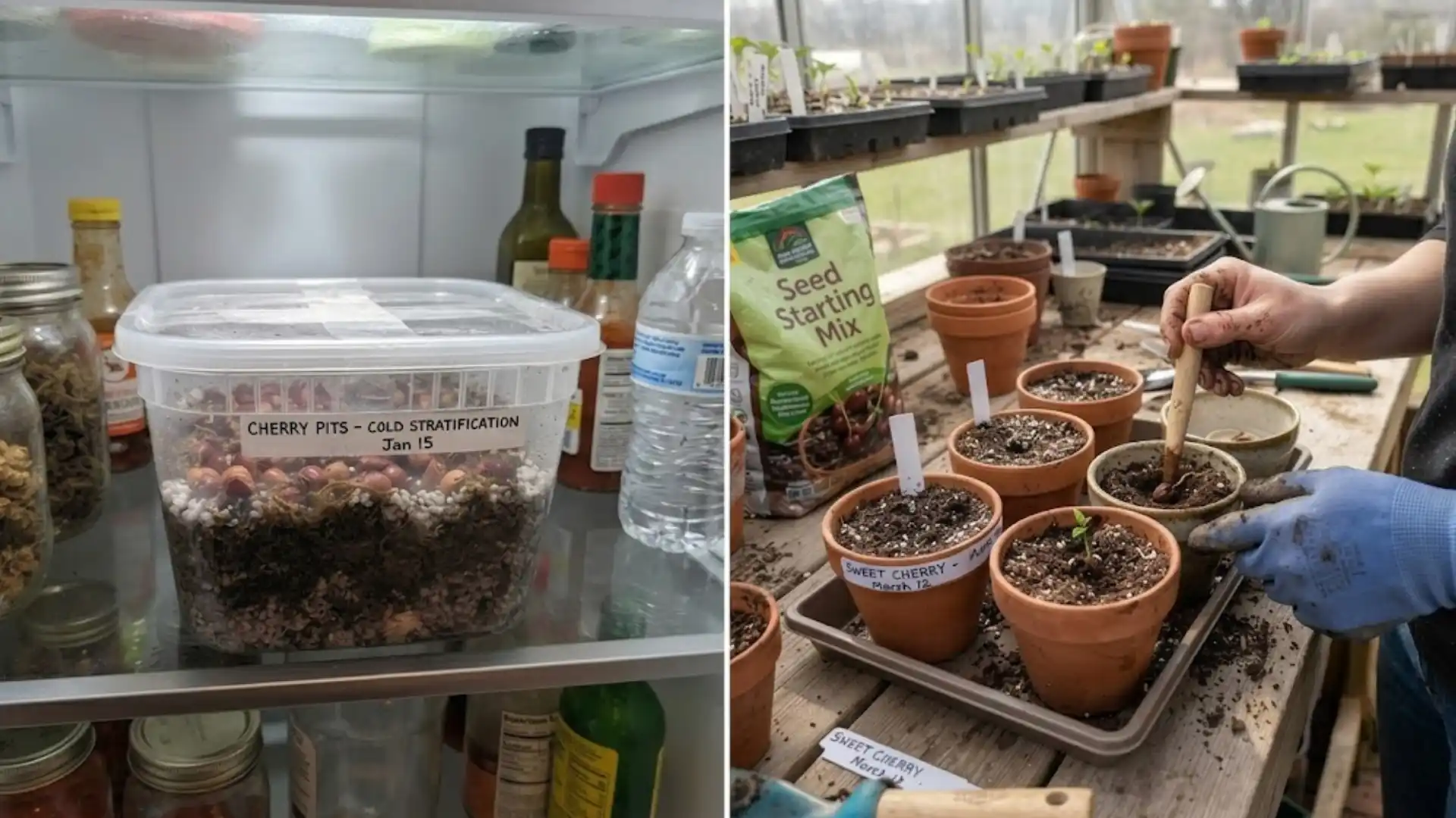 cherry pits cold stratifying in a refrigerator beside pots being prepared for planting in a greenhouse