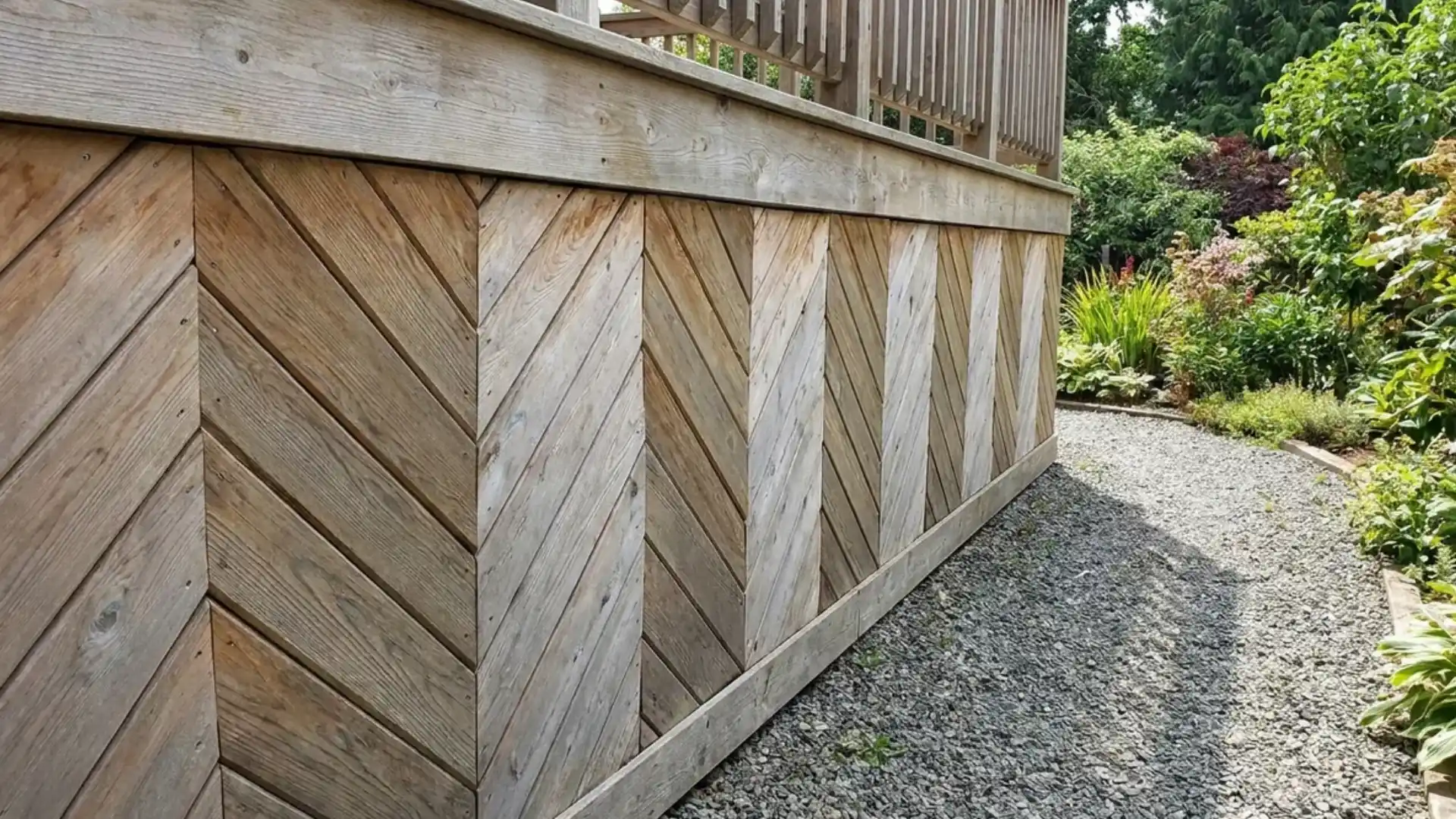 chevron pattern wood deck skirting panels along gravel path with garden plants