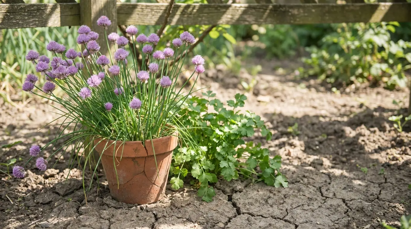 Terracotta pot with purple chive flowers beside green herbs in sunlit garden