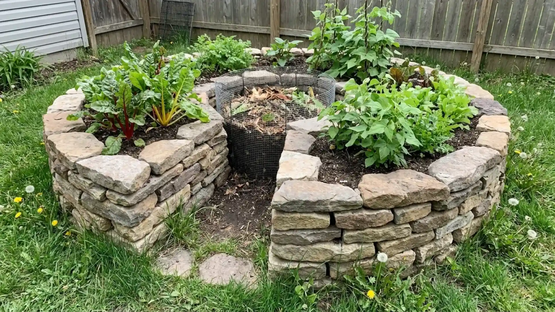 circular stone keyhole garden bed with center compost basket and leafy vegetables