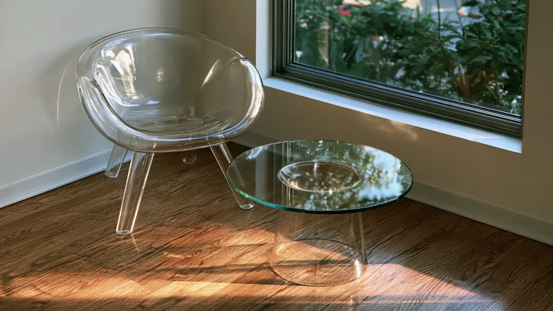 clear acrylic chair and glass coffee table on wood floor by window