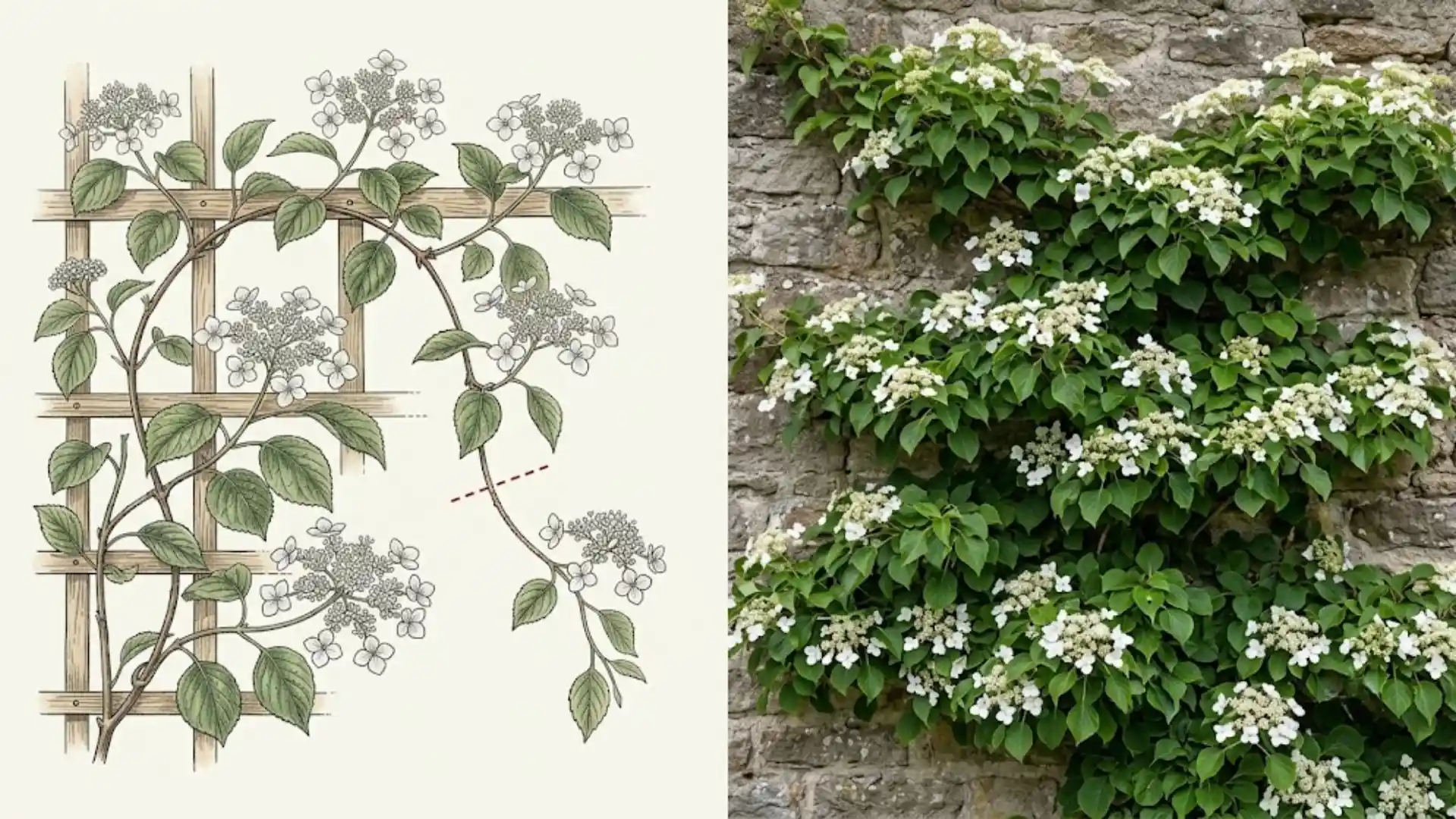 climbing hydrangea on a stone wall beside a botanical illustration of a pruning cut