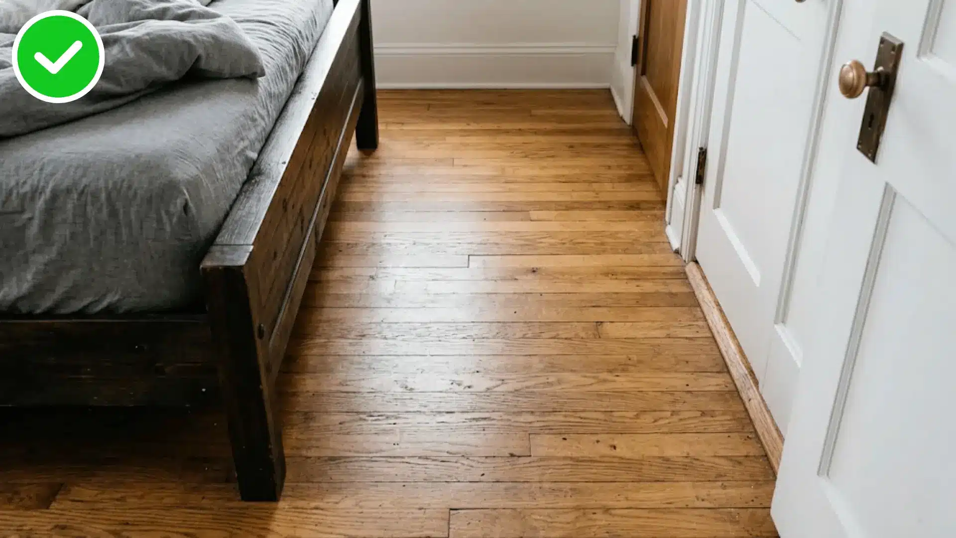 close up of a clear open floor strip between the bed and the closet door