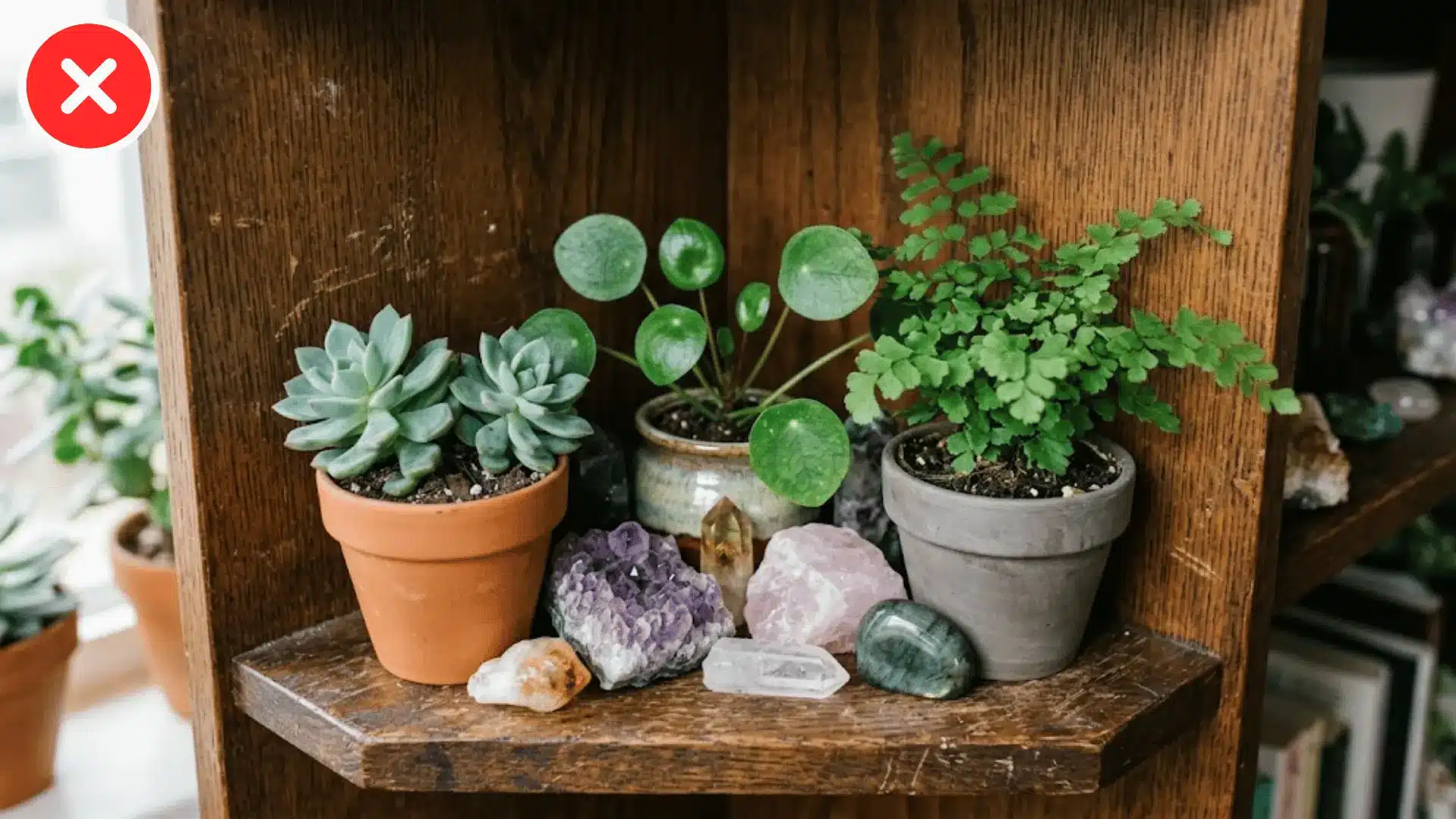 close up of a crowded shelf corner packed with small plants and crystals
