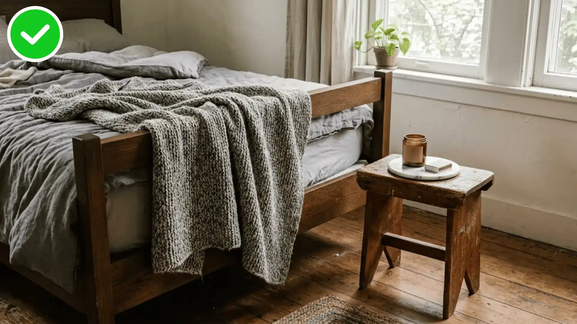 close up of a folded wool throw a wood stool and a raw stone decor object