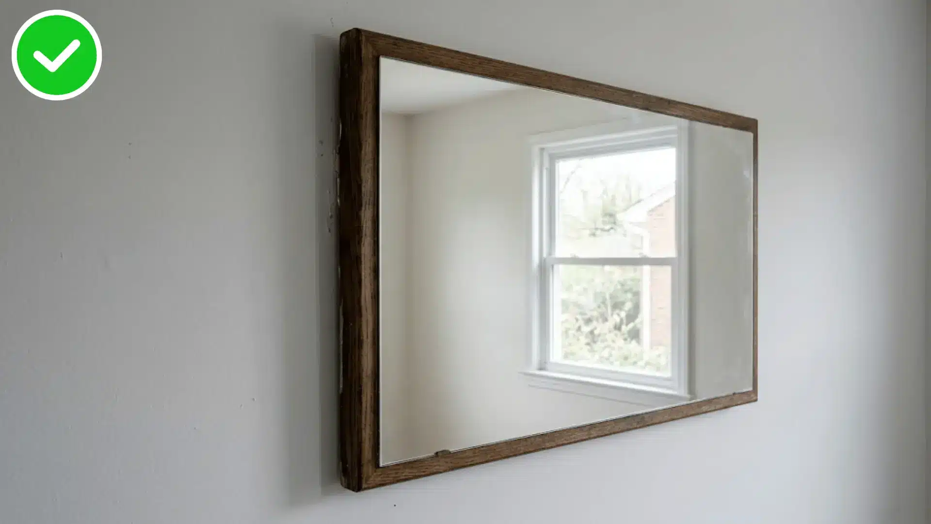 close up of a side mounted mirror reflecting a plain wall instead of the bed