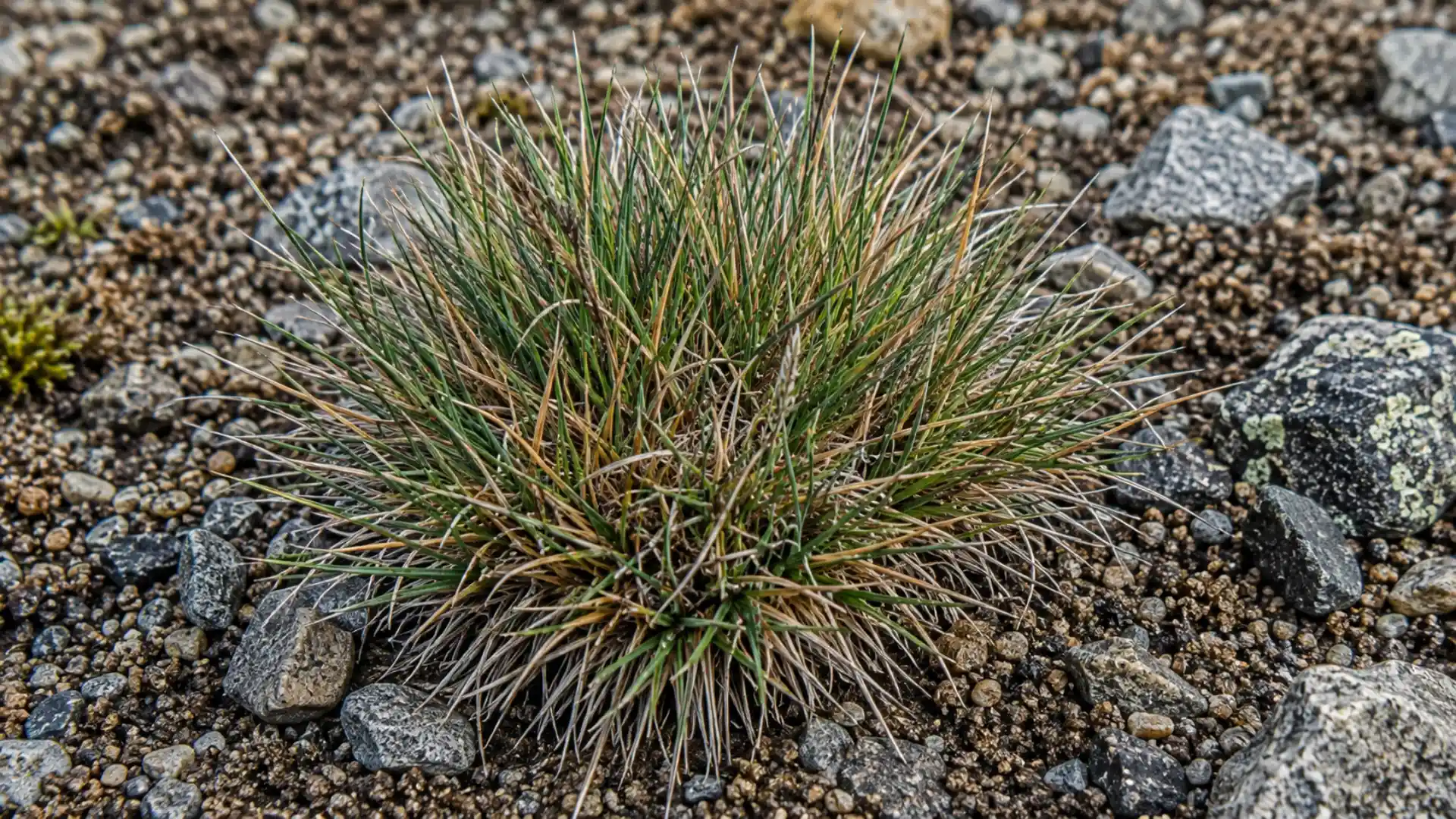 close up of compact alpine fescue grass clump on rocky soil