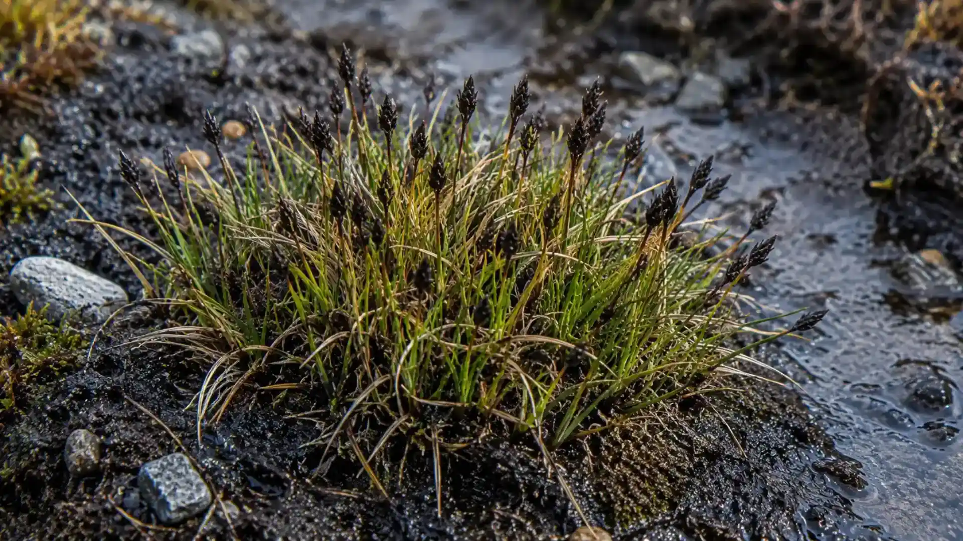 close up of dark alpine sedge tuft beside damp mountain soil