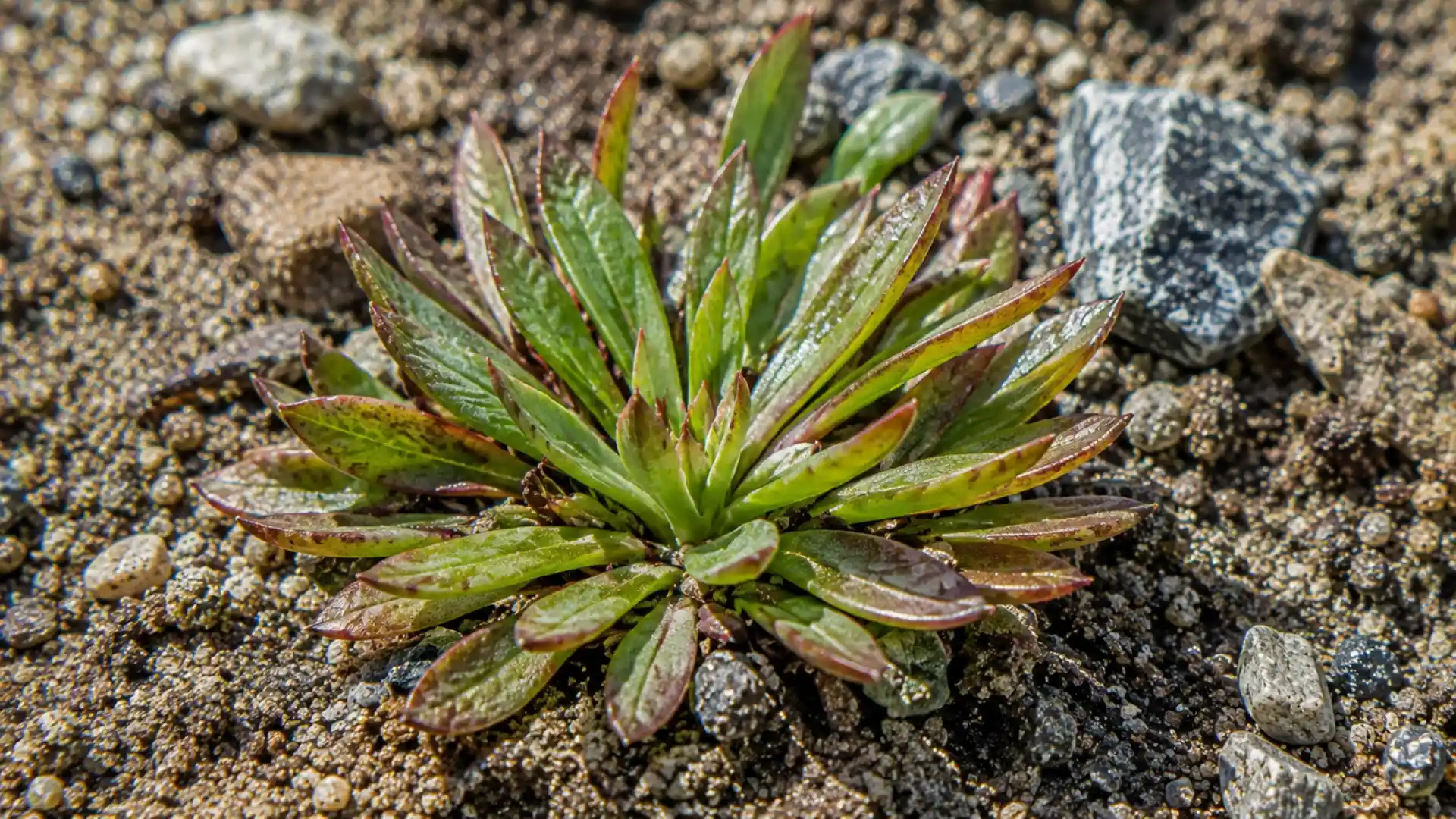 close up of fleshy stonecrop rosette growing in sandy alpine soil