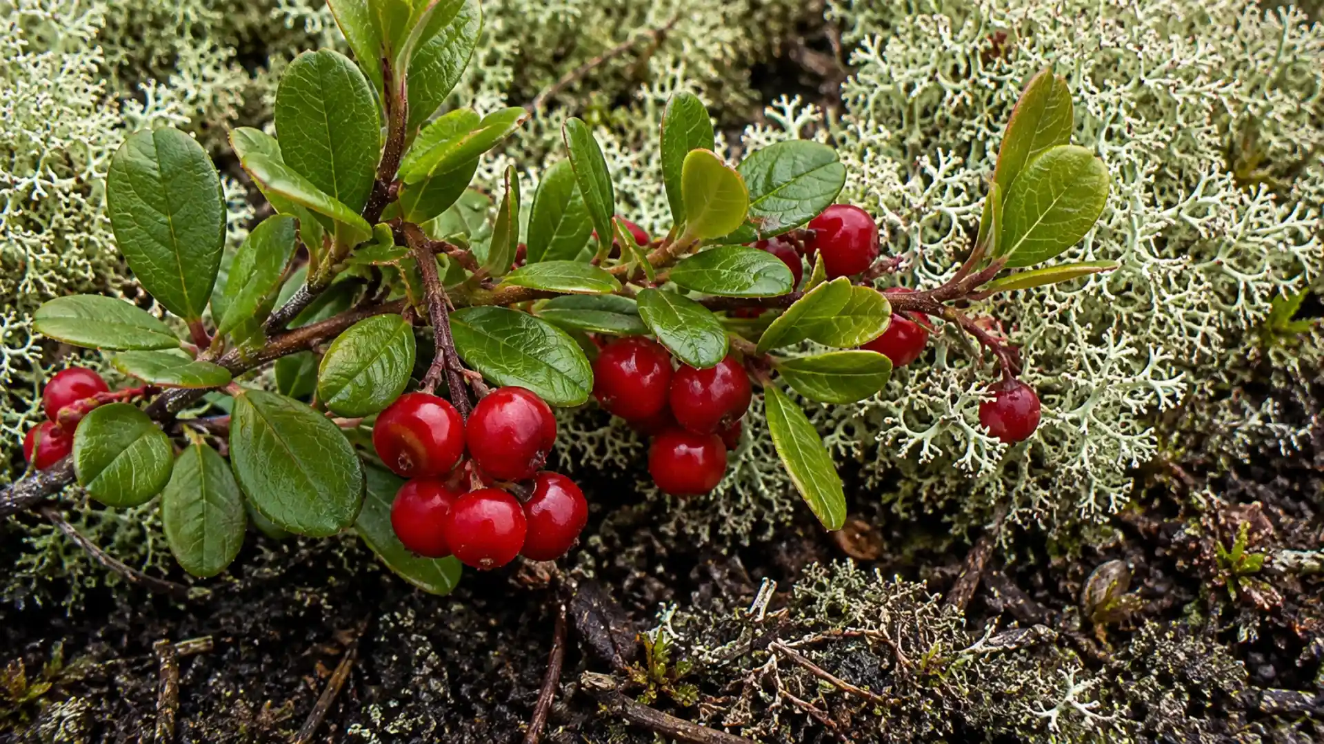 close up of red bearberry berries on leathery green leaves