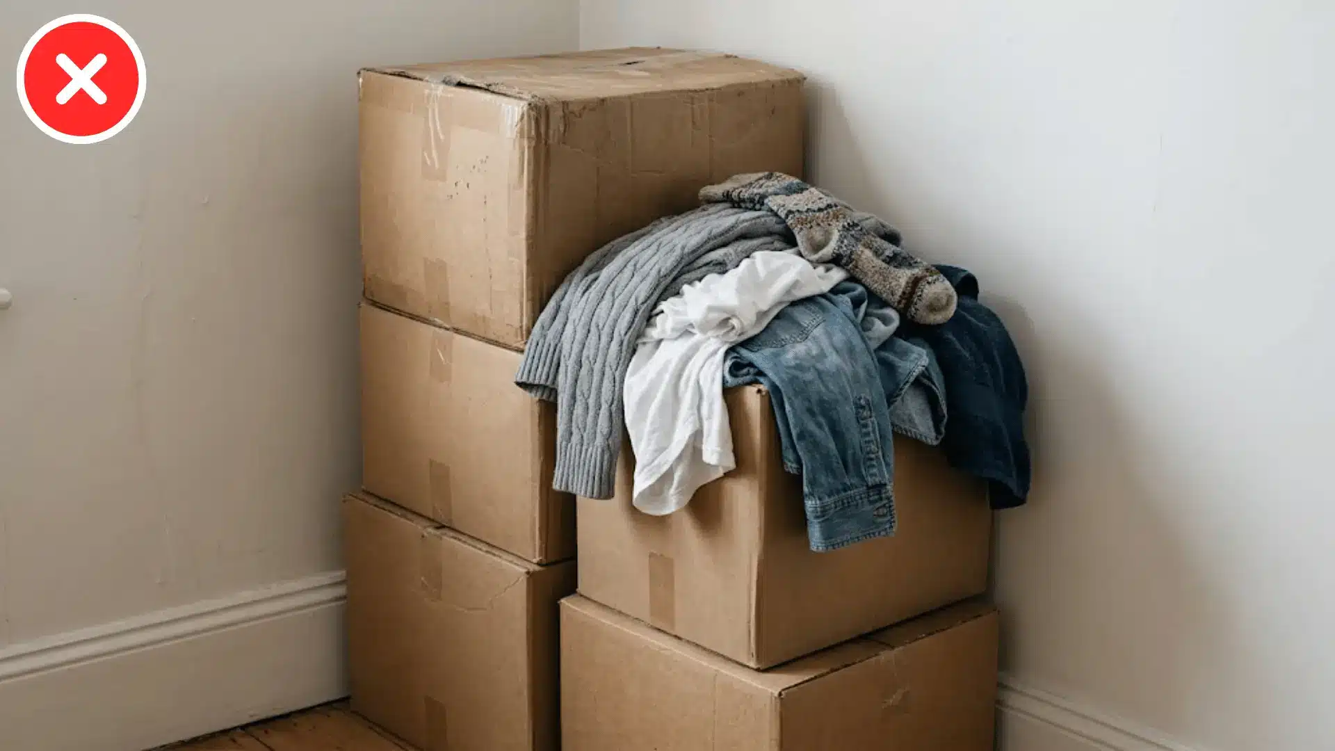 close up of stacked cardboard boxes and a laundry pile against a bedroom wall