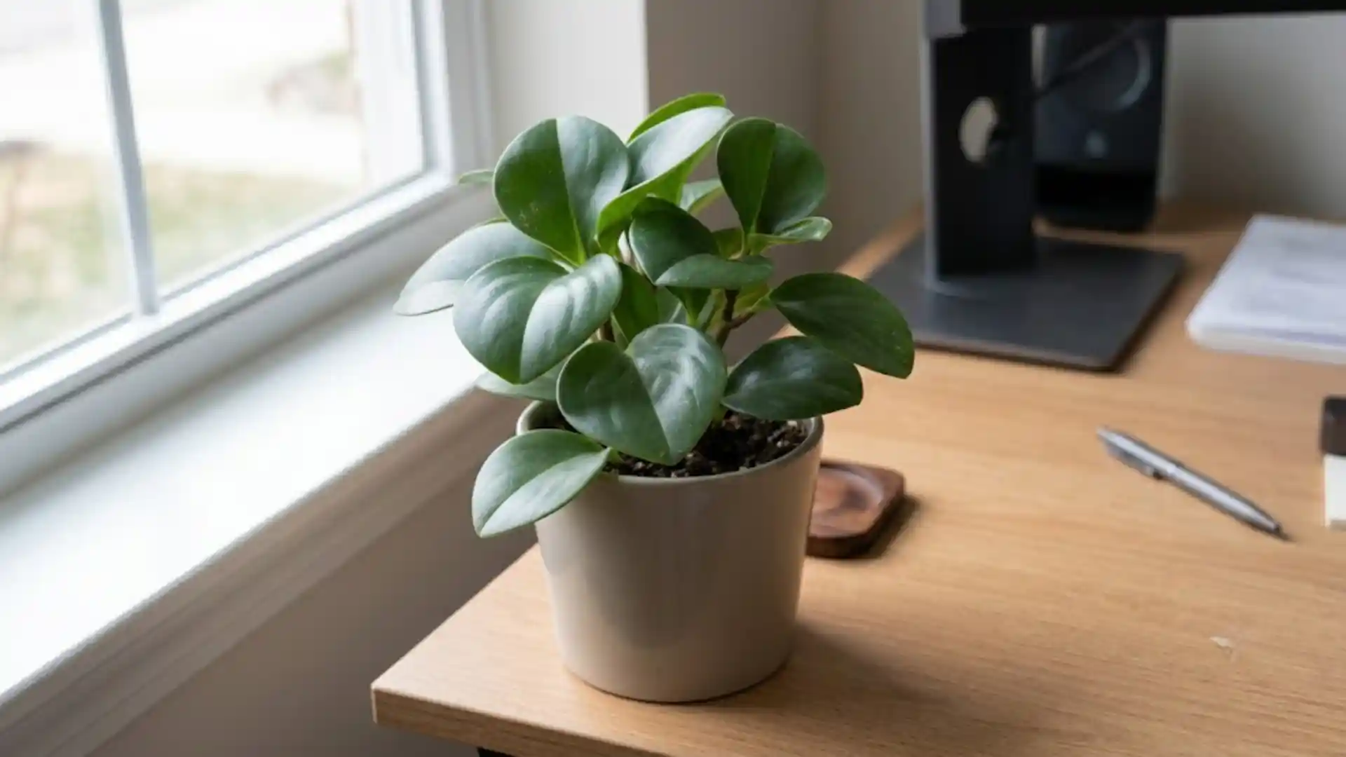 close up of thick glossy baby rubber plant leaves