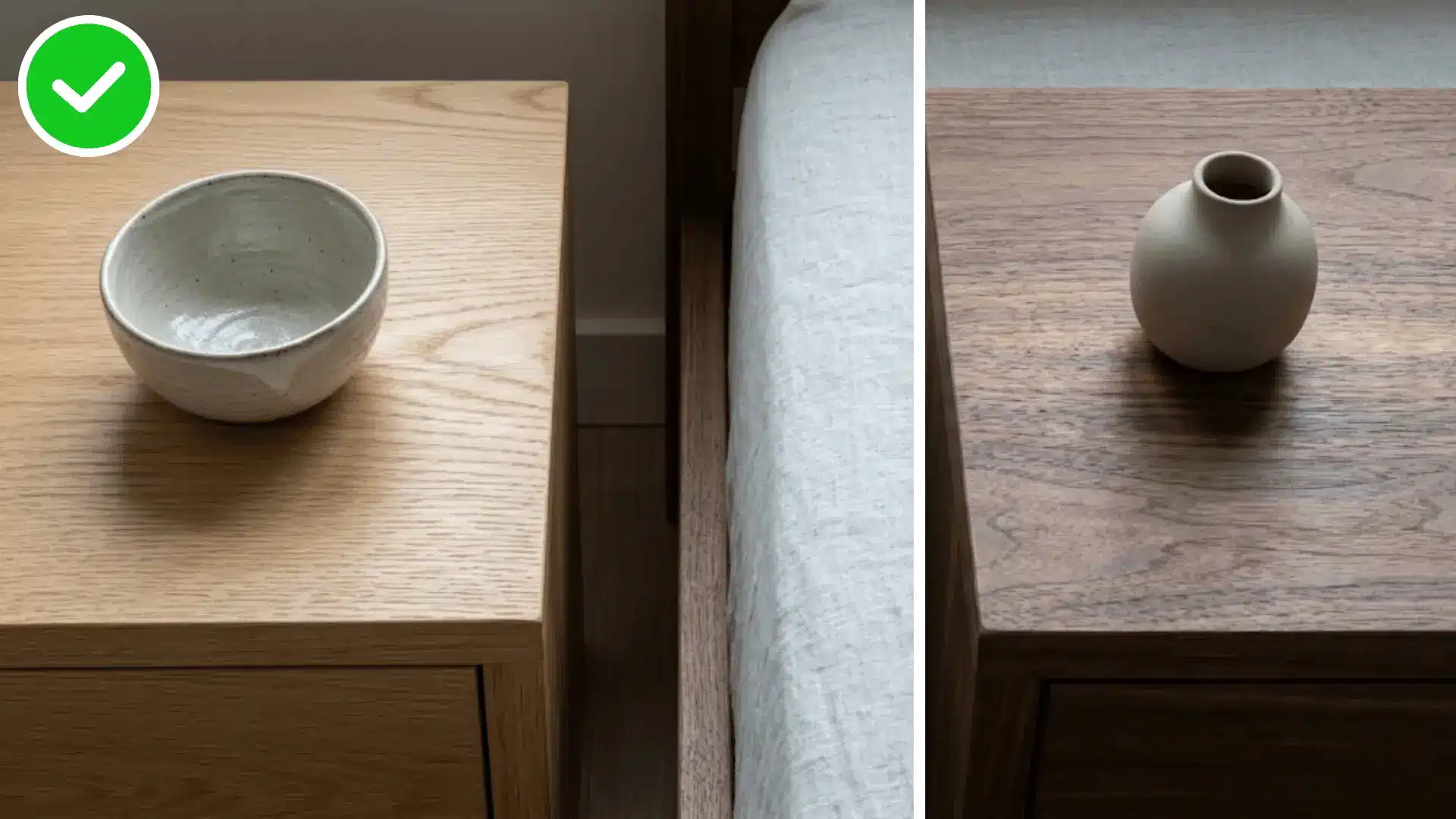 close up of two different nightstand tops with similarly sized objects on each