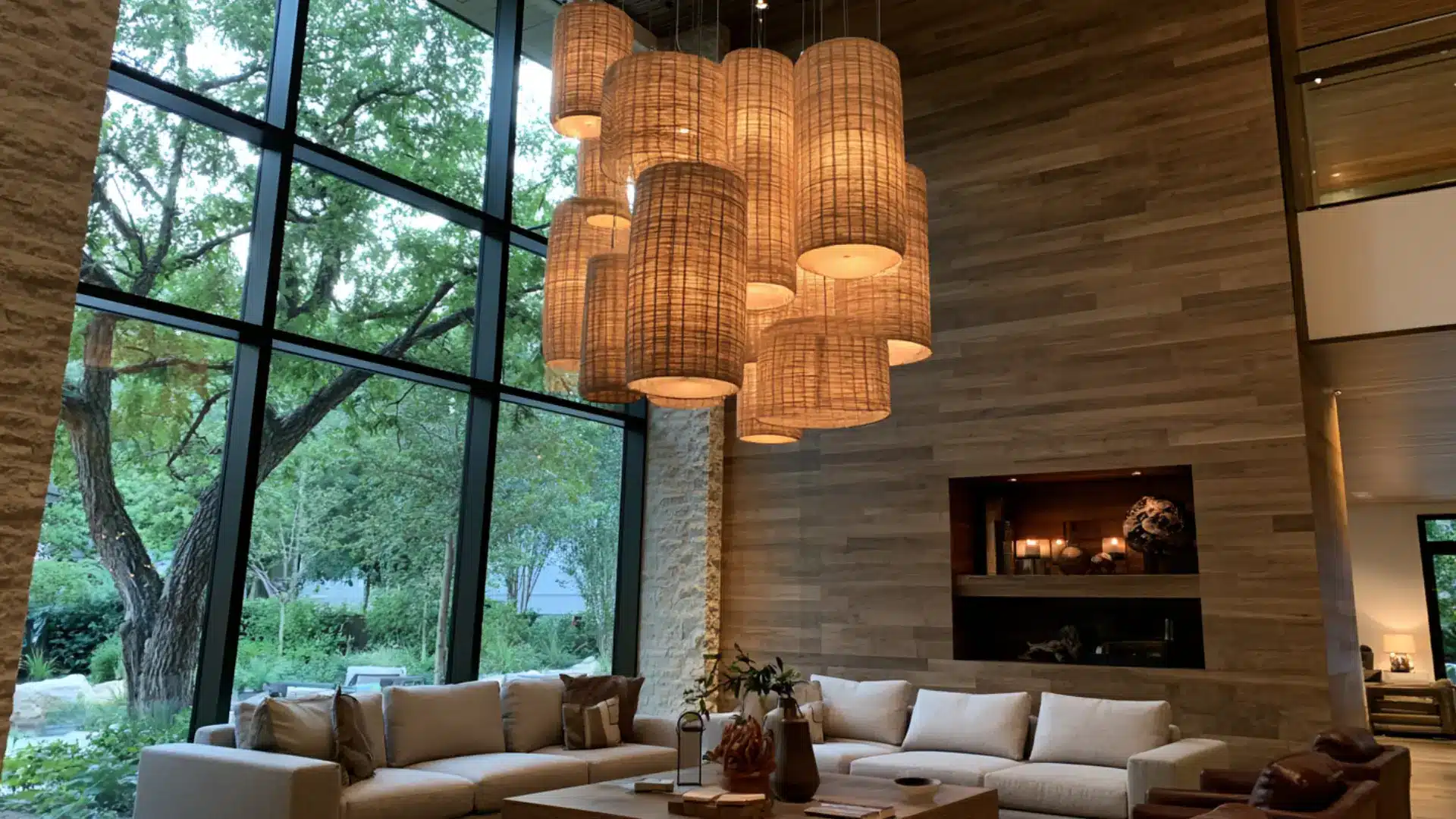 cluster of woven pendant lights hanging above living room seating area