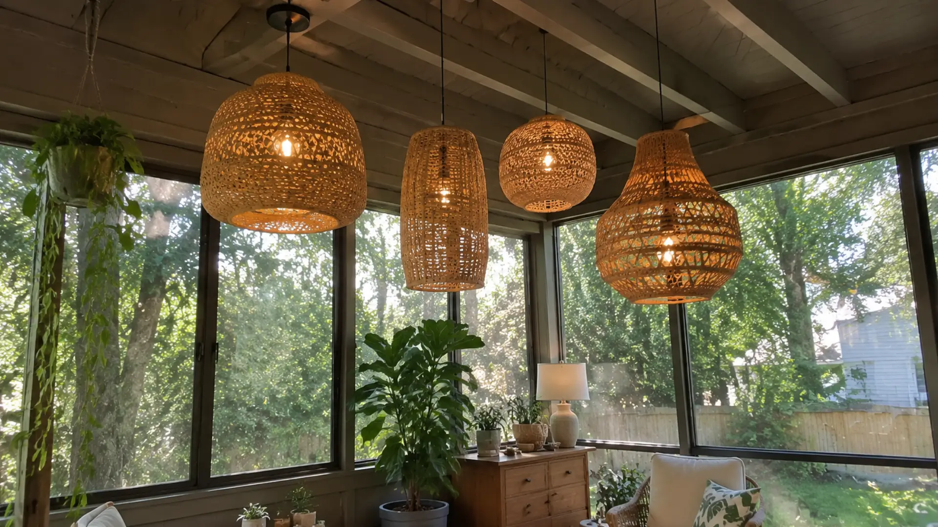 cluster of woven rattan pendant lanterns hanging in a sunroom corner