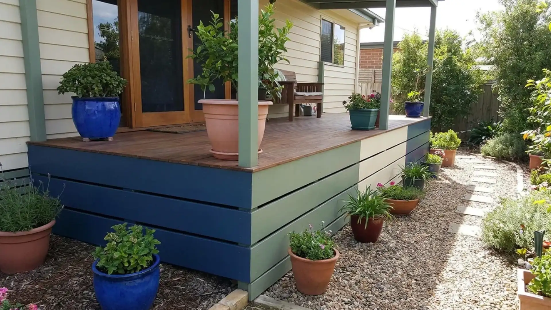 color blocked deck skirting in navy sage and cream panels with potted plants