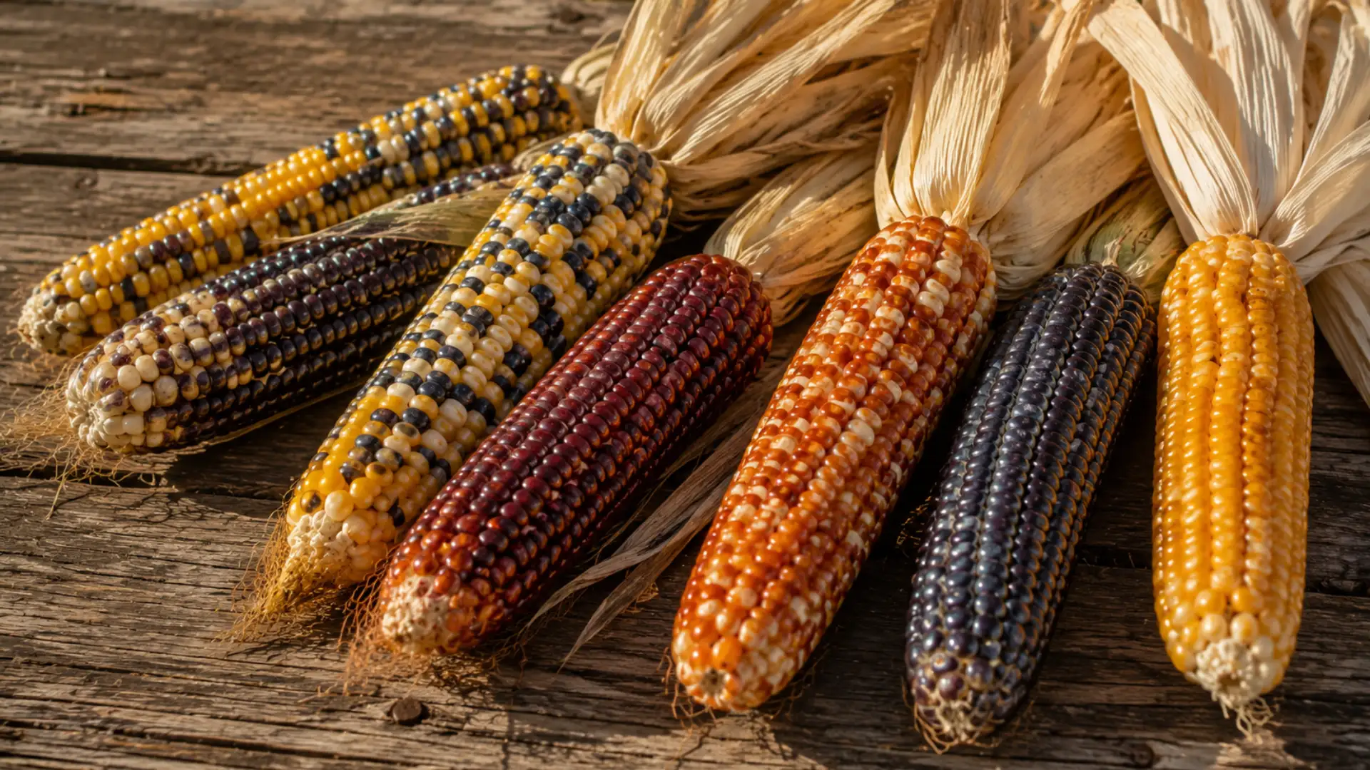 colorful flint corn ears with glossy hard kernels arranged naturally on a rustic wooden table