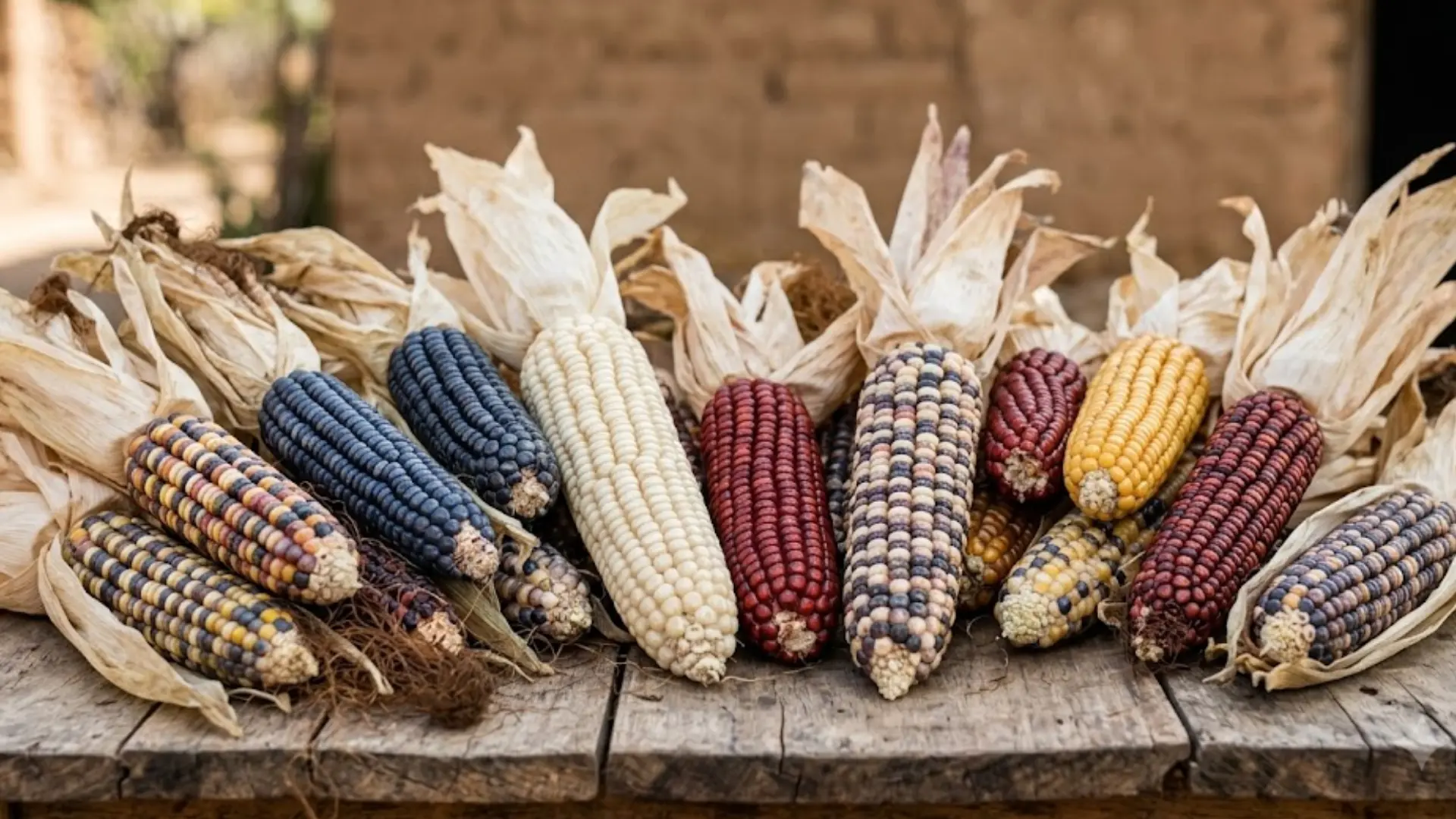 colorful heirloom mexican maize with blue, white, yellow, and red kernels on a wooden table