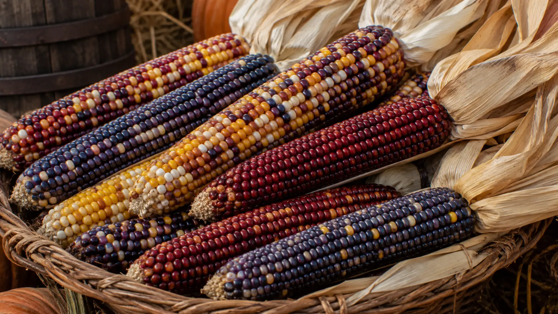 colorful indian corn with mixed kernels in a harvest basket on a rustic wooden surface