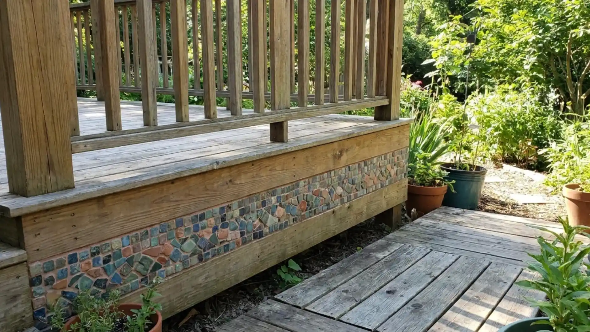 colorful mosaic tile accent strip on wood deck skirting with potted plants around
