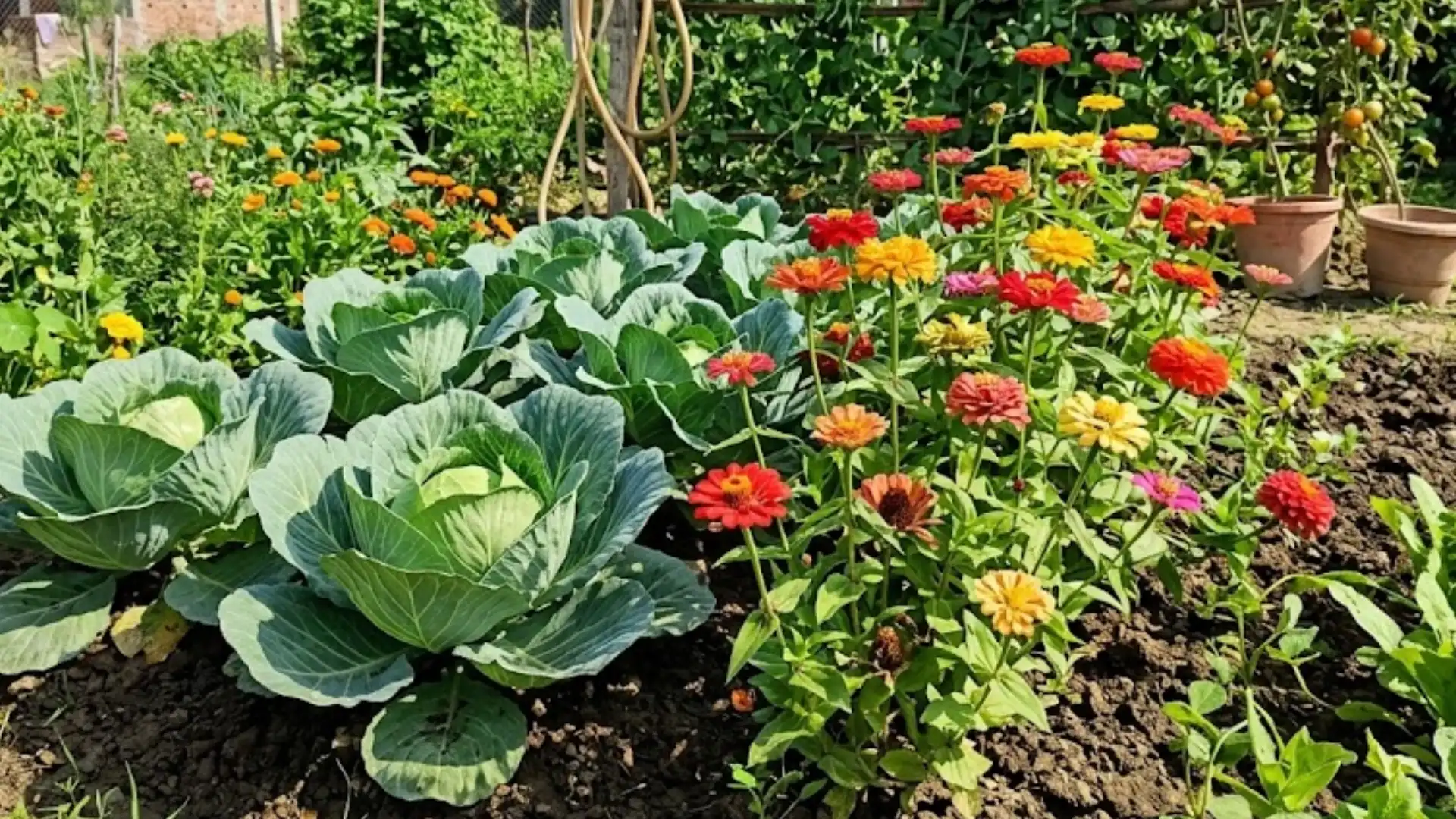 colorful zinnia flowers blooming beside cabbage plants in a thriving vegetable garden