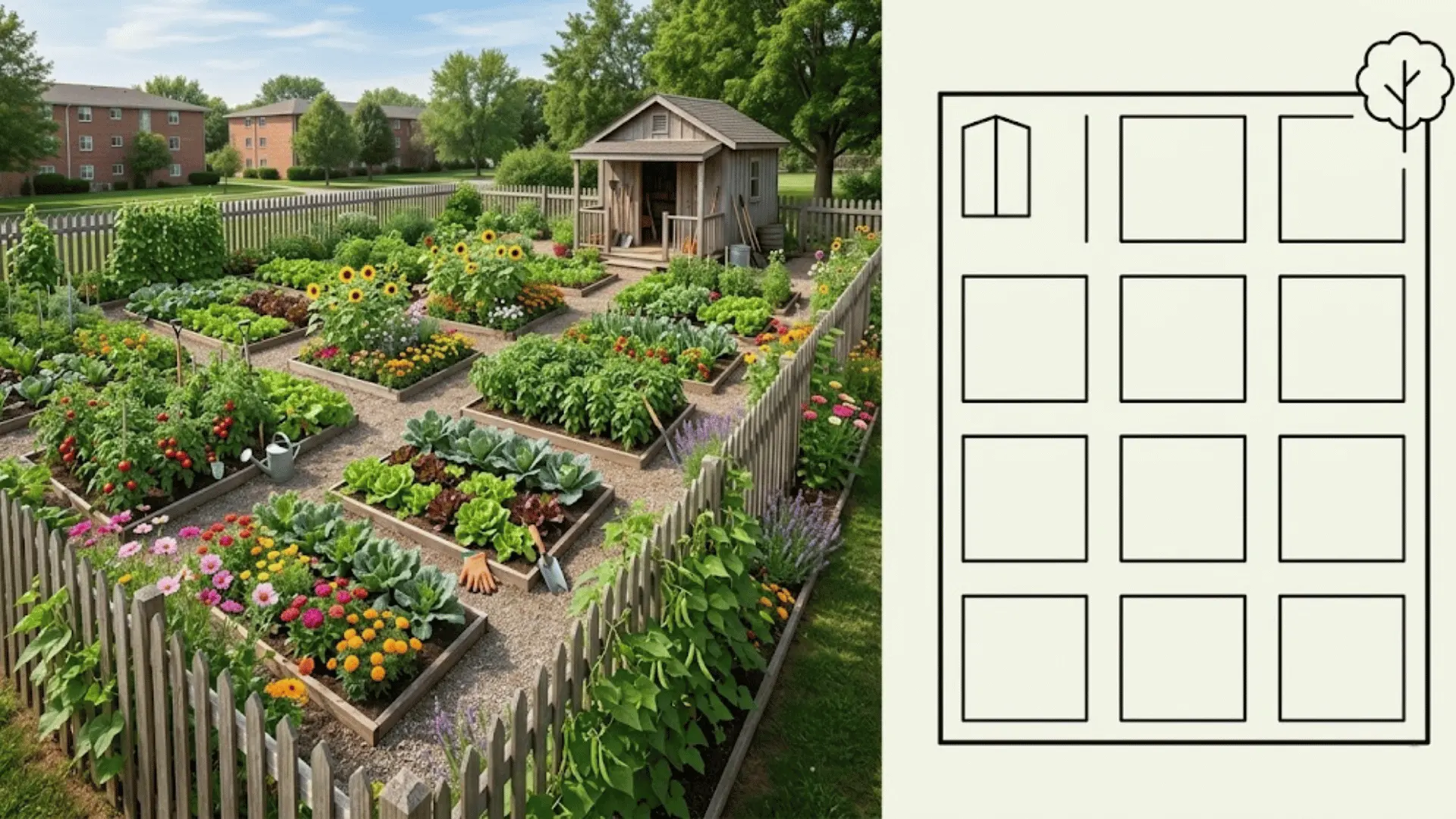 community garden plots with shed beside a plot layout diagram