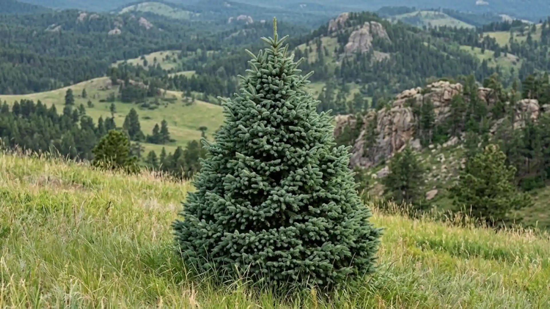 compact black hills spruce with dense pyramidal shape on a hillside
