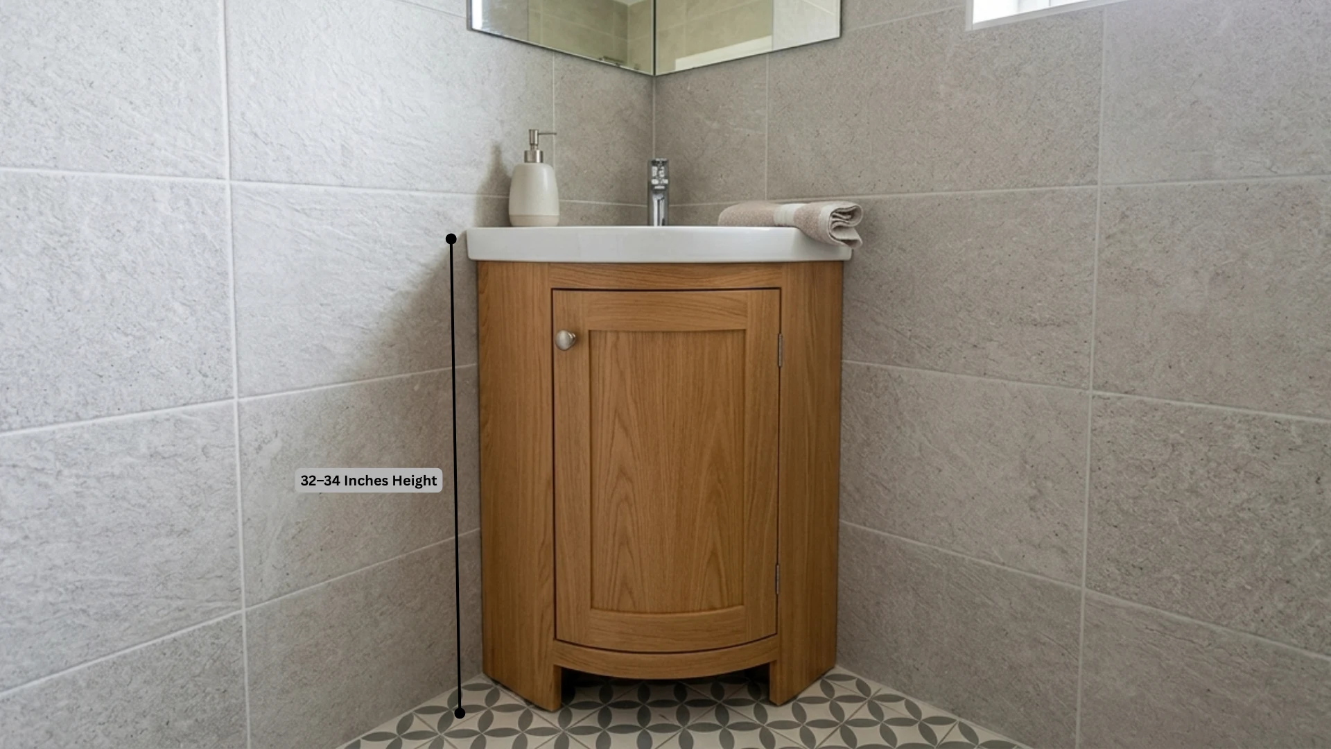 compact corner sink in a small bathroom, surrounded by tiled walls, emphasizing functionality and style