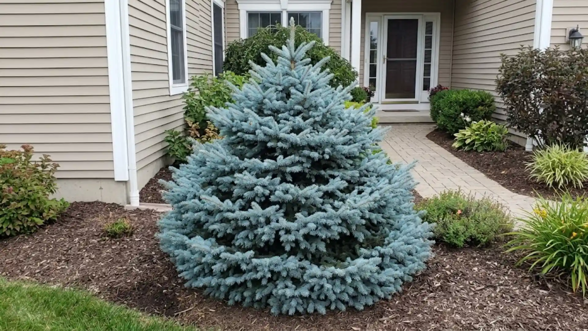compact fat albert blue spruce with vivid blue foliage near a home