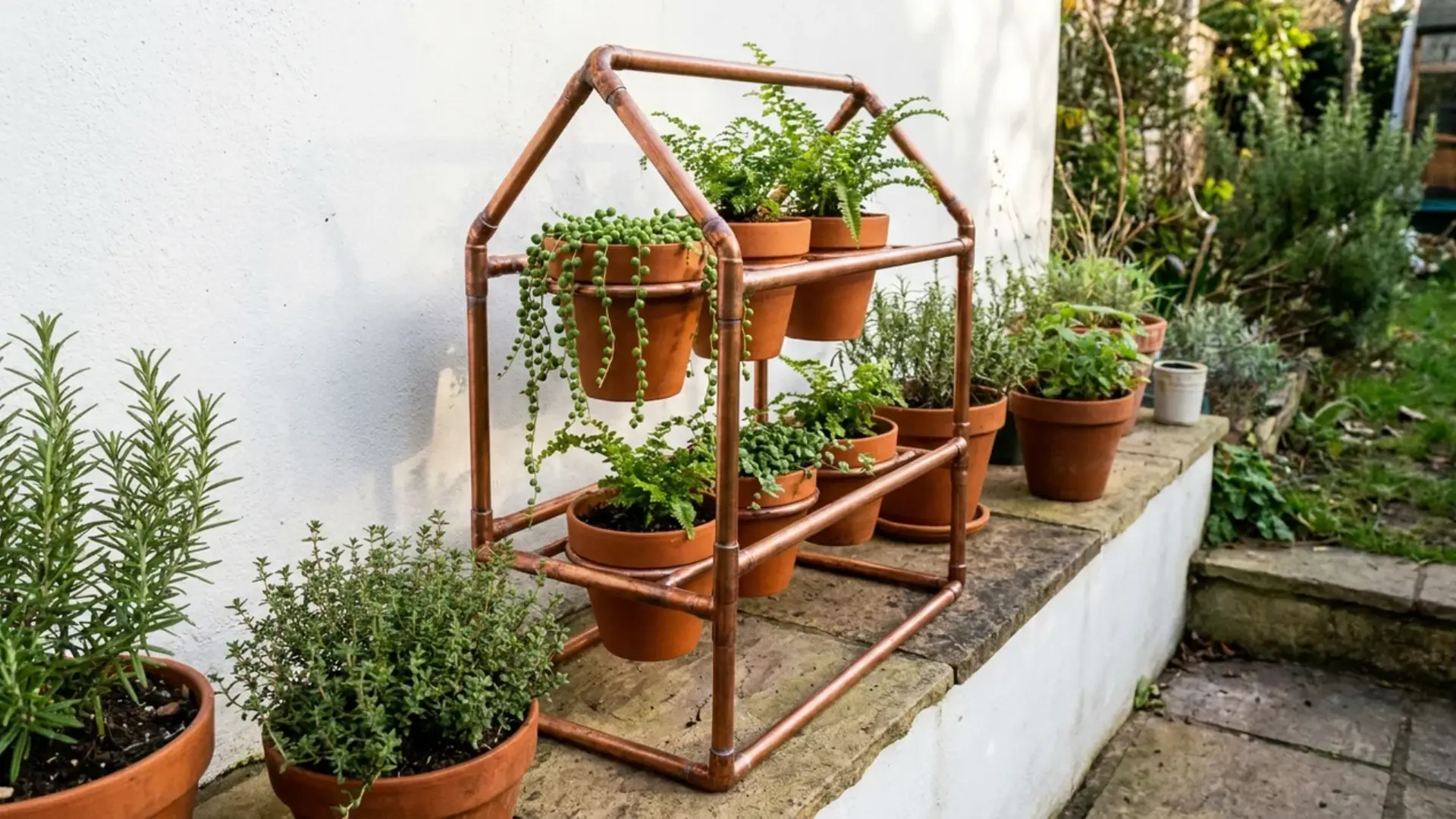 copper pipe planter stand holding terracotta pots with ferns and trailing succulents outdoors