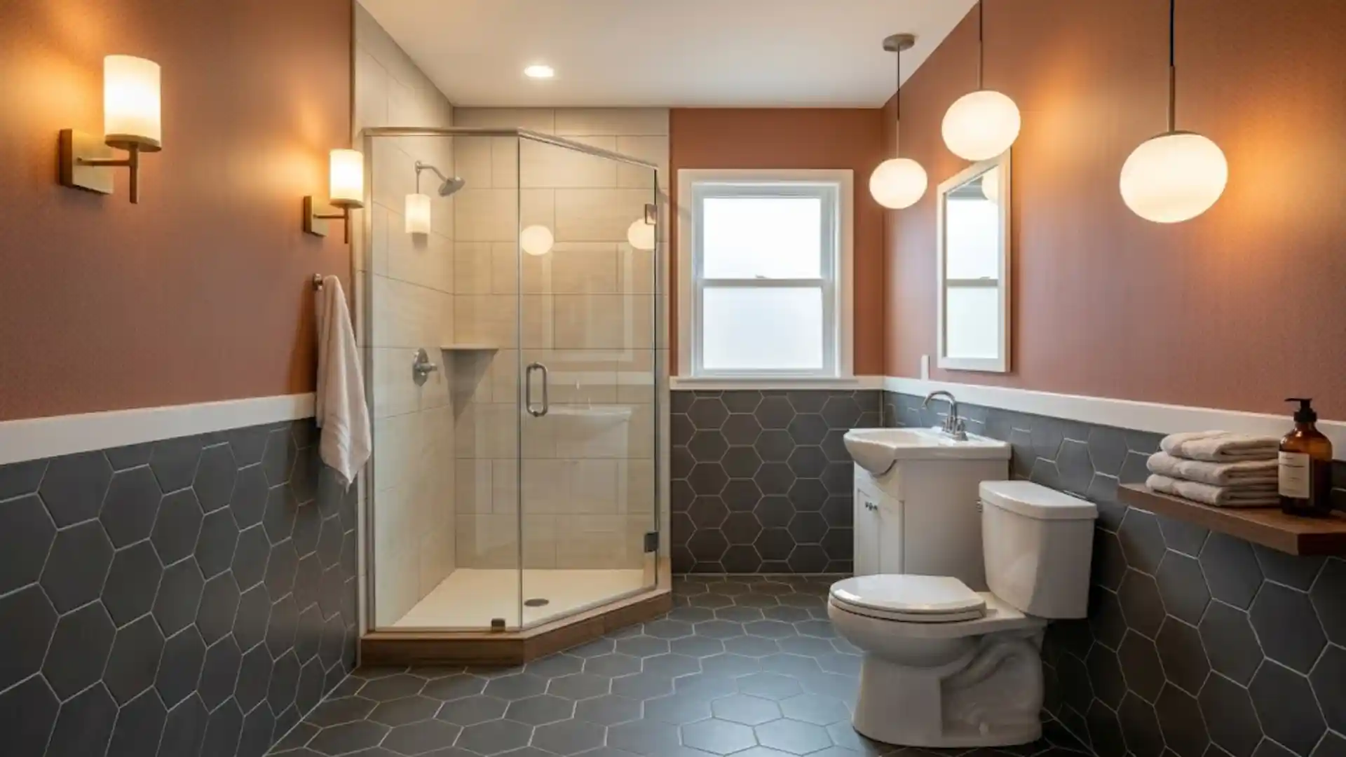 corner shower 3/4 bathroom with terracotta wallpaper and hexagon floor tile