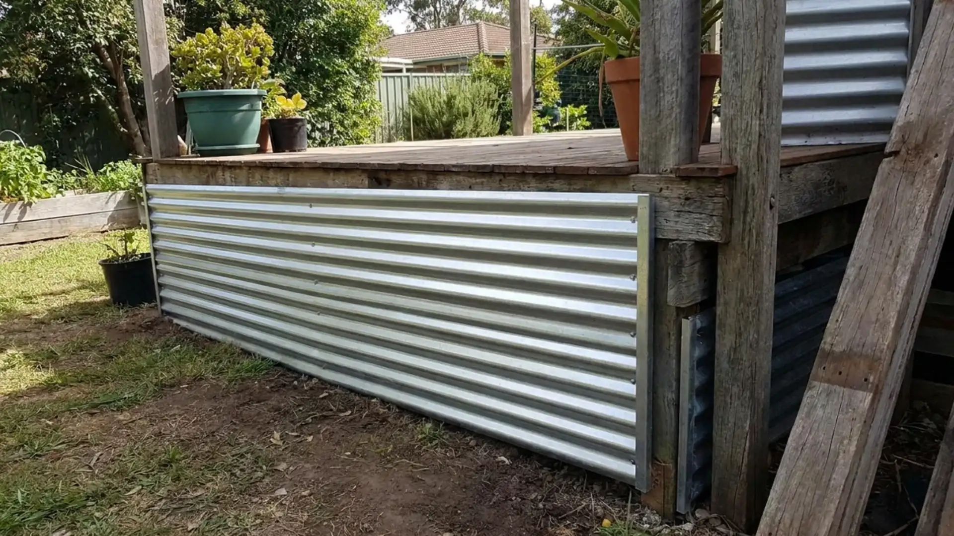 corrugated metal deck skirting panel with potted plants above on wood deck