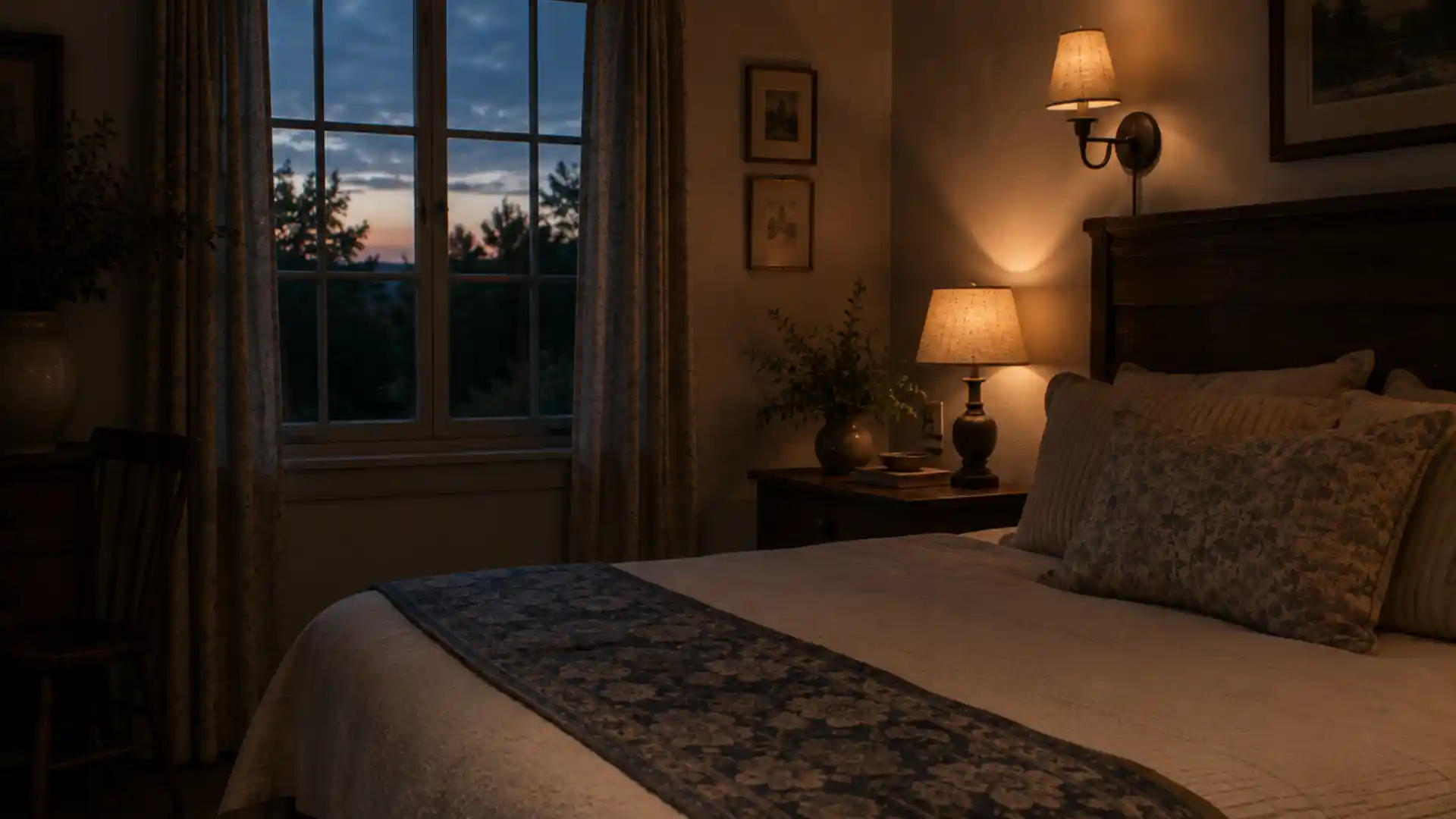 cottage bedroom at dusk lit by bedside lamp and wall sconce
