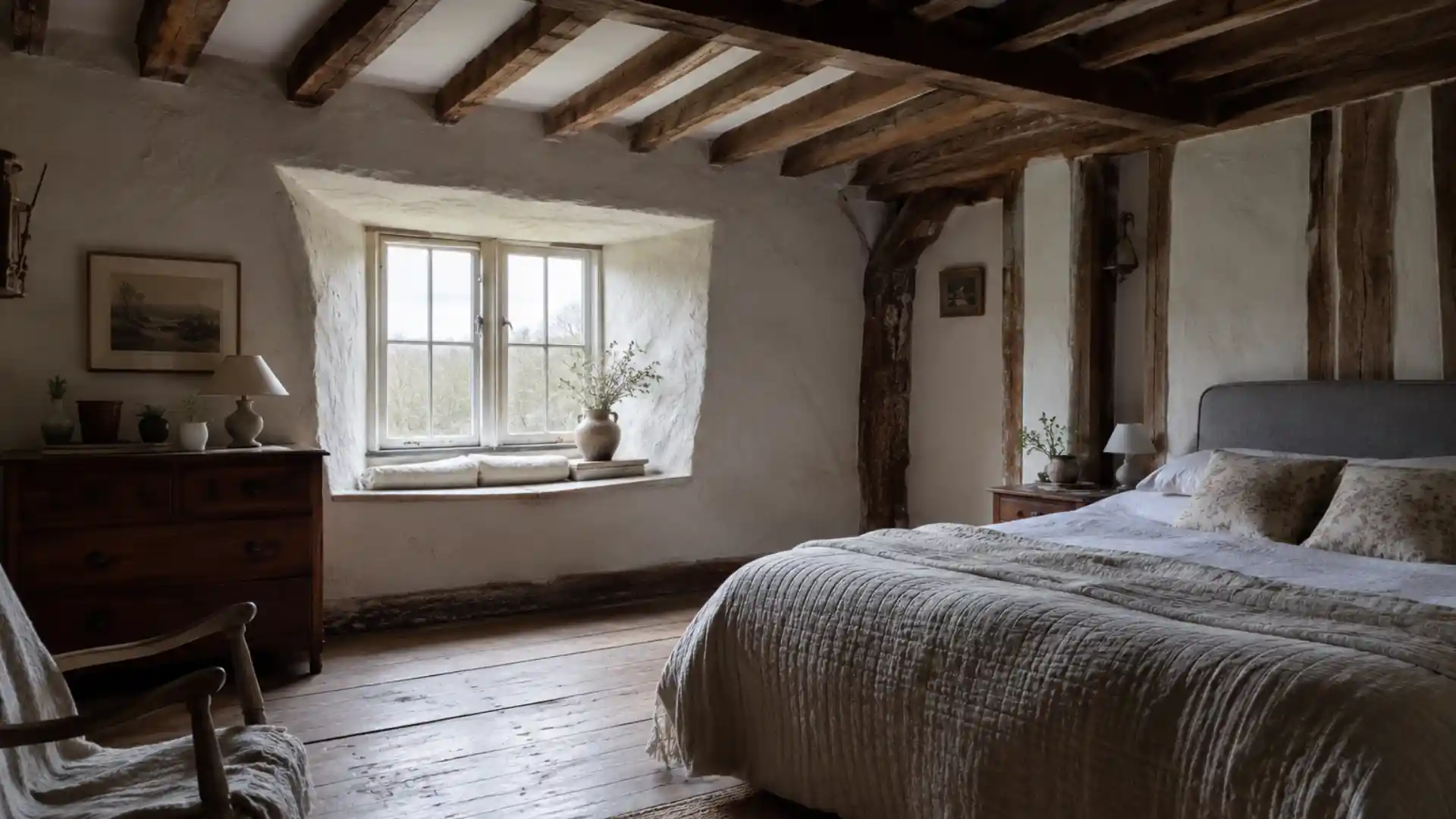 cottage bedroom with exposed beams, plaster walls and dormer window in morning light