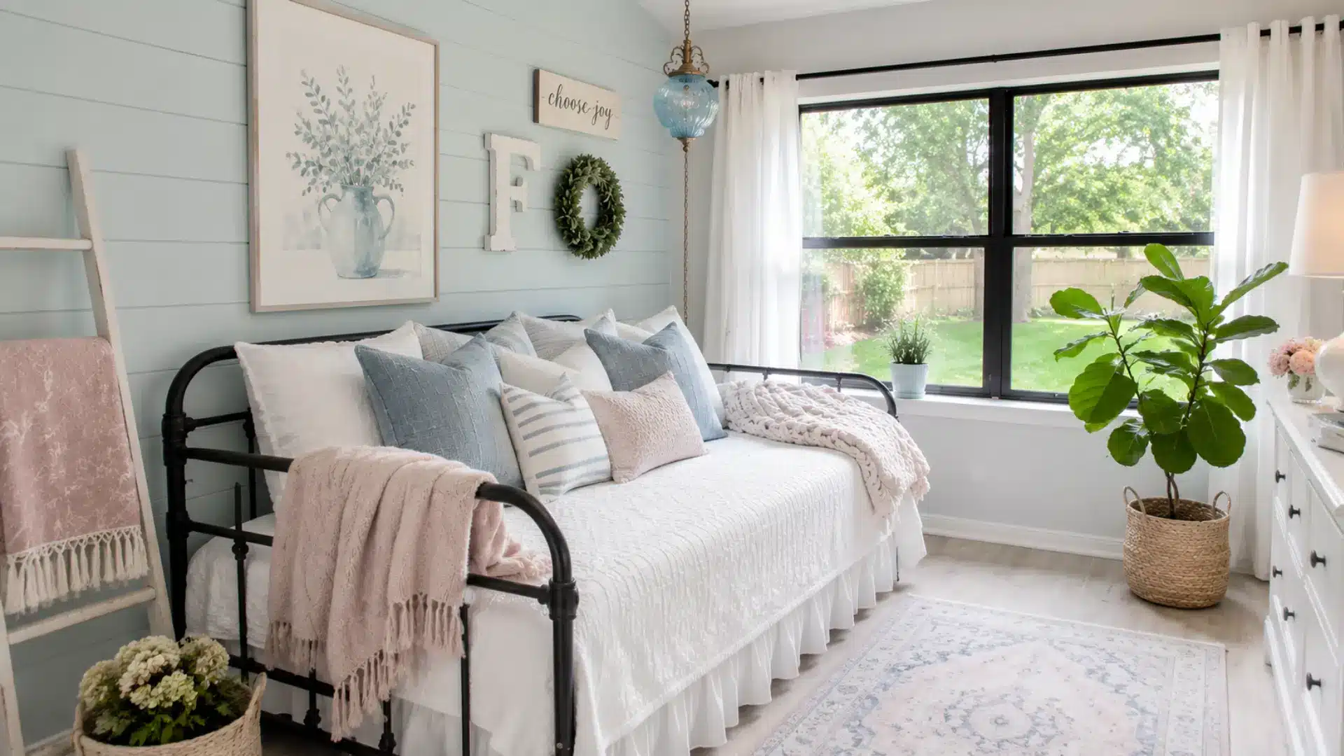 cozy daybed with layered pillows and throws in a light blue farmhouse style sunroom