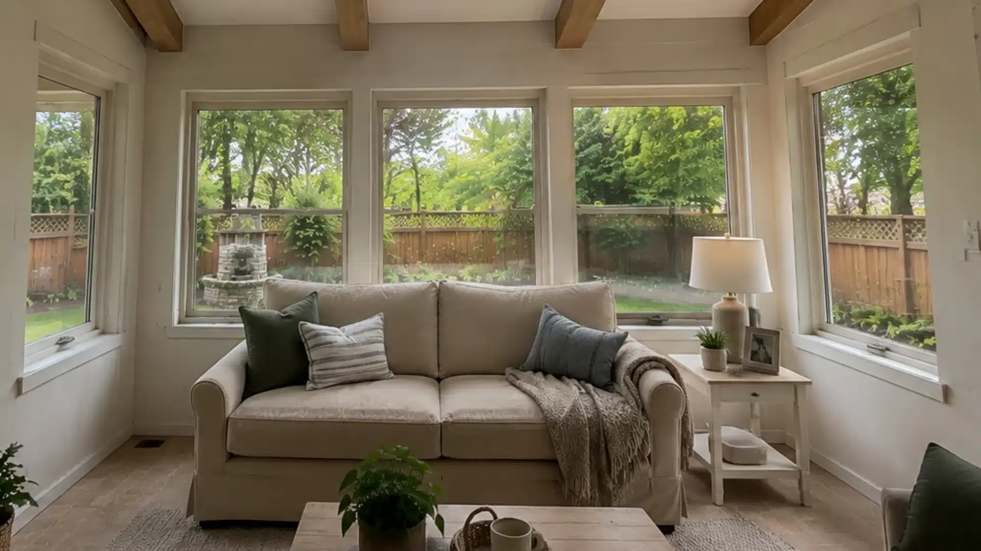 cozy neutral sunroom with a linen sofa layered pillows near large bright windows
