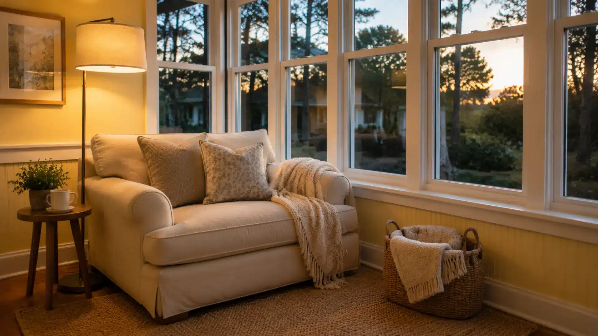 cozy reading corner with an armchair floor lamp and blanket basket at dusk