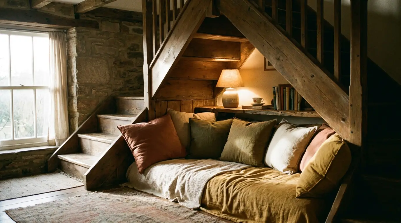 Cozy reading nook under wooden stairs with cushions and warm lighting in rustic living room