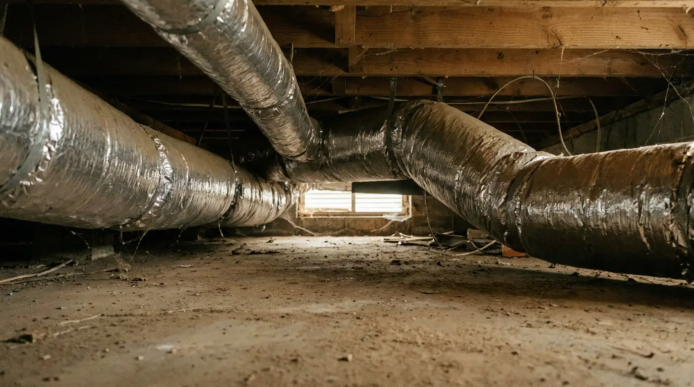 Metal air ducts in dimly lit crawl space with wooden beams overhead