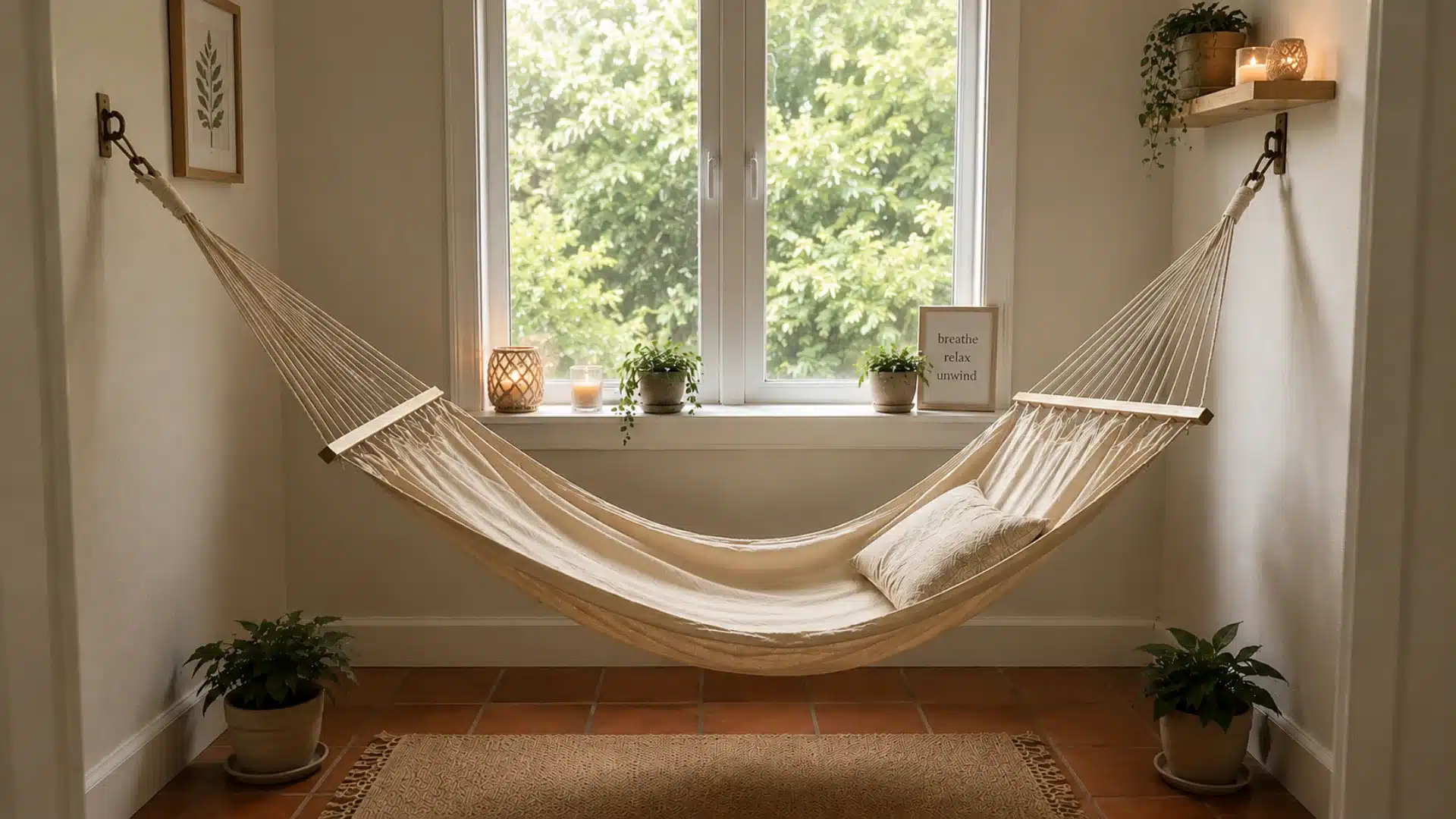 cream cotton hammock hung between walls near a window with candles and potted plants