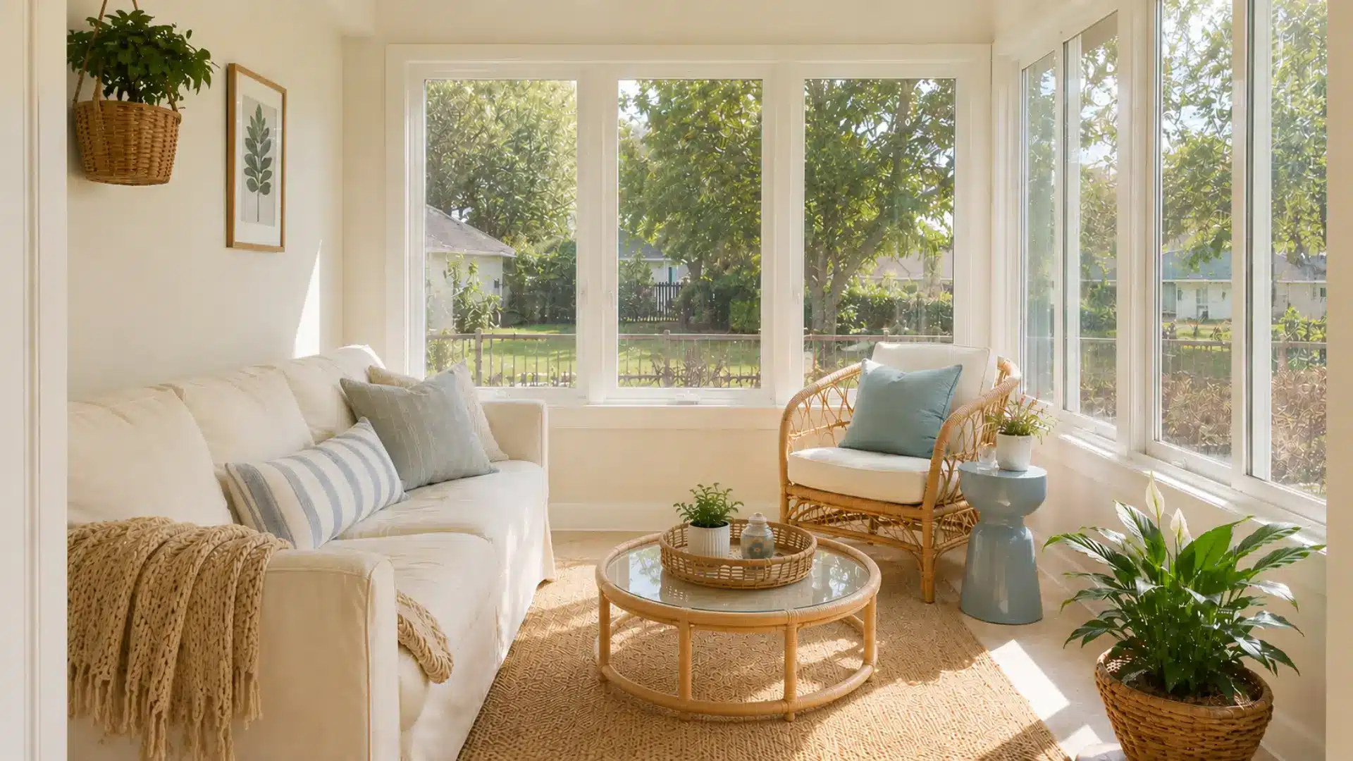 cream sofa and rattan chair with pale blue pillows in a bright airy sunroom