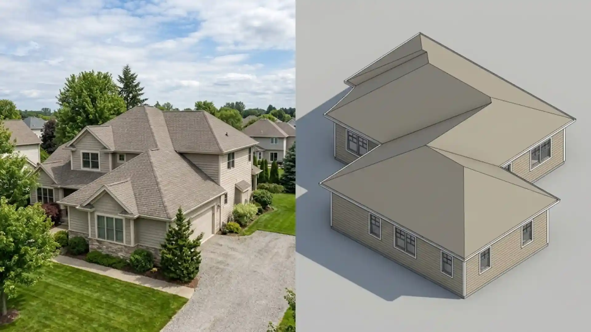 cross-hip roof over l-shaped home beside 3d rendering of intersecting roof sections