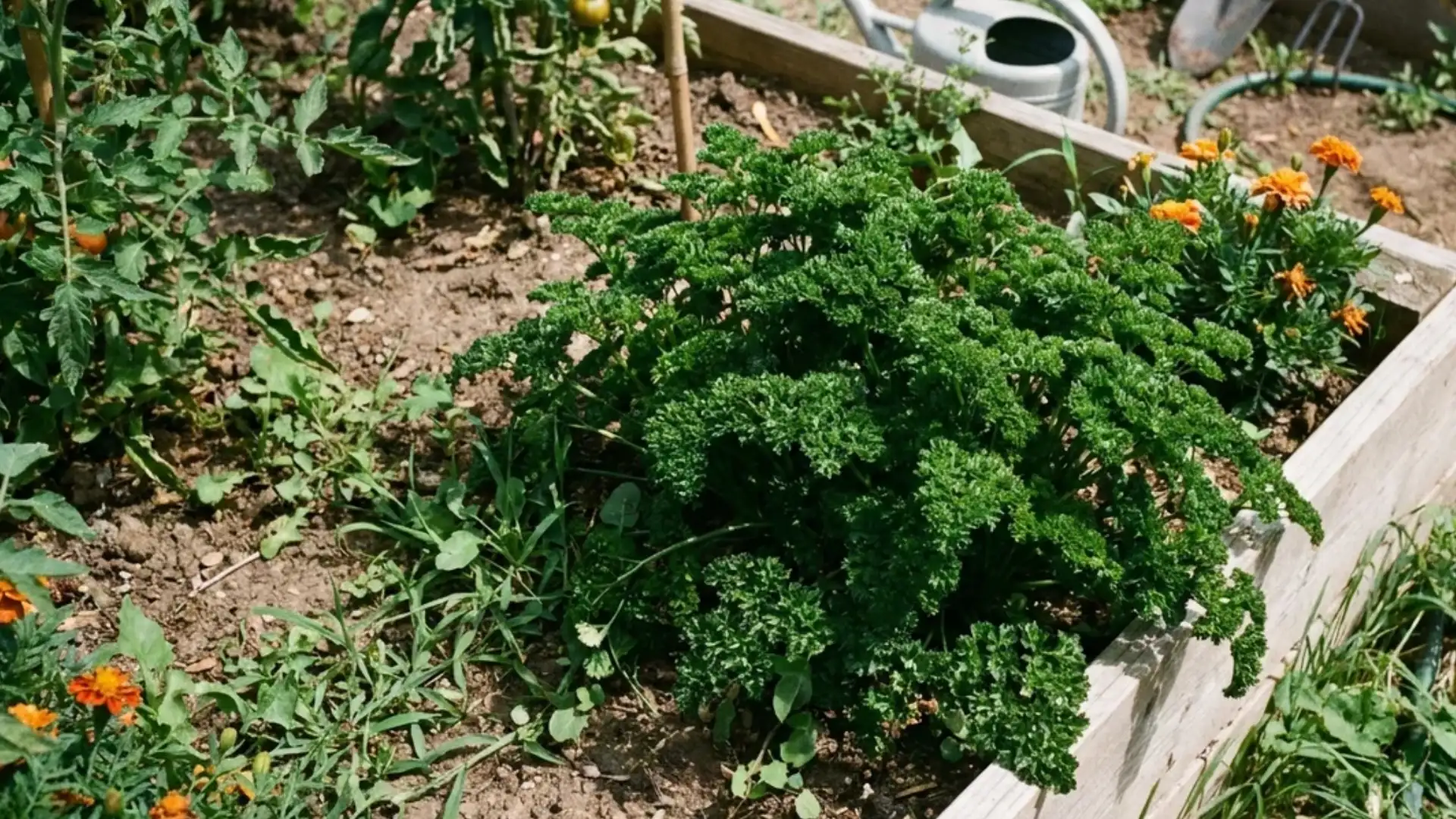 curly parsley growing in a home garden patch