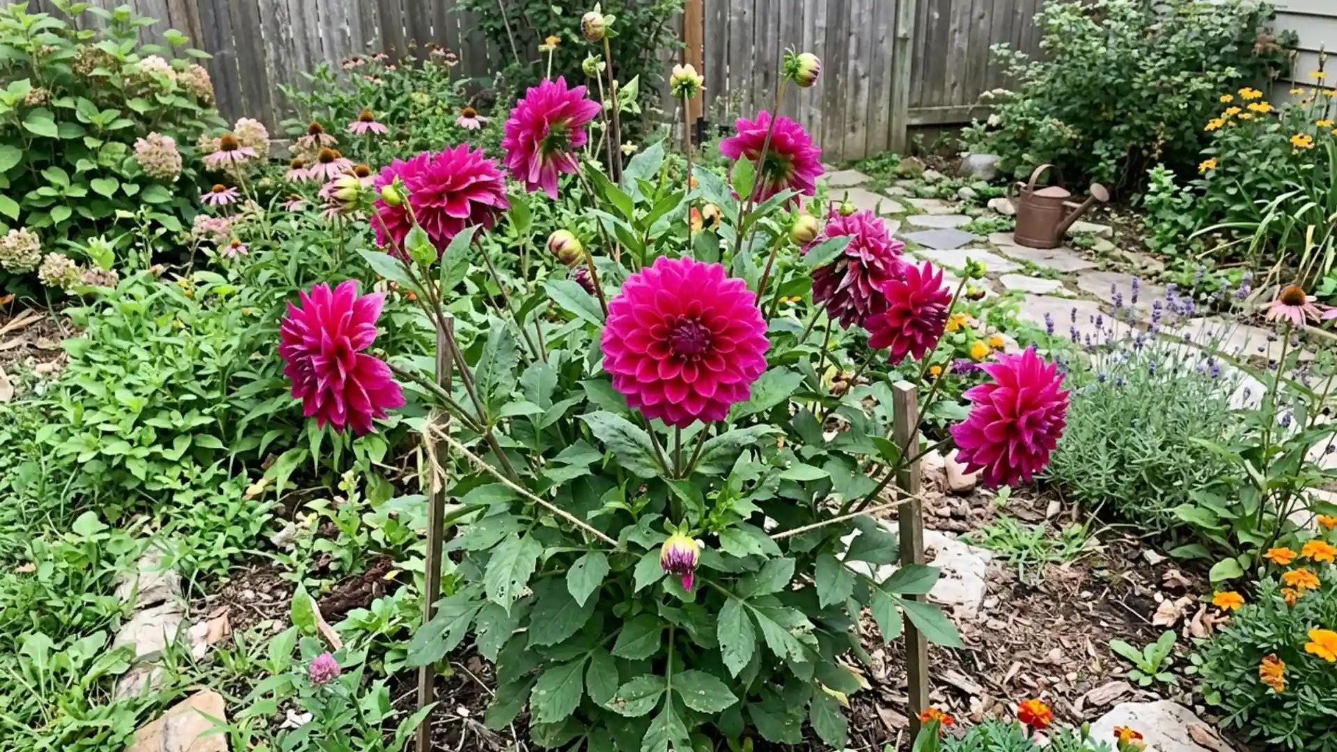 dahlia plant blooming in a home garden bed
