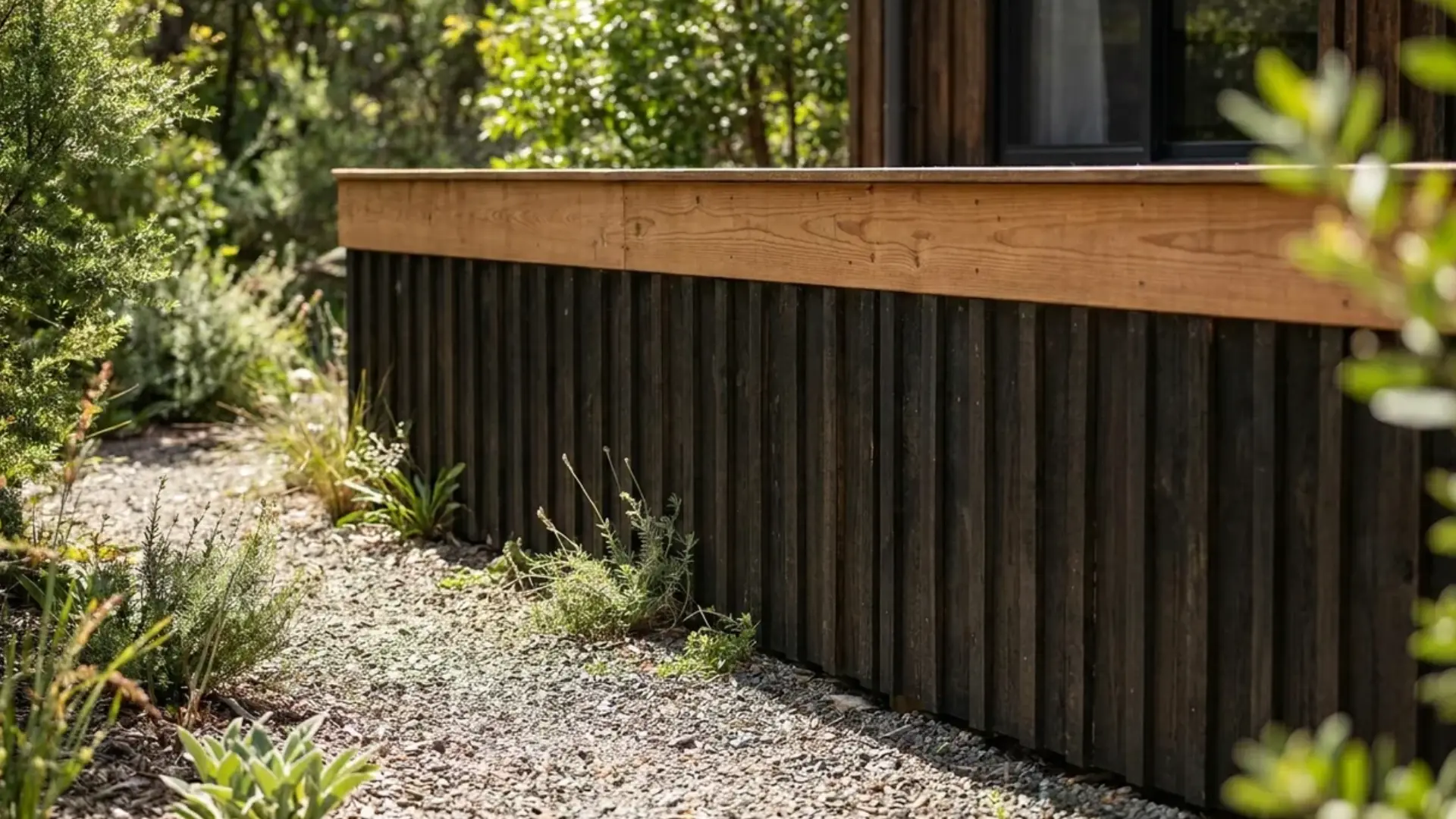 dark board and batten skirting with contrasting wood fascia along gravel path