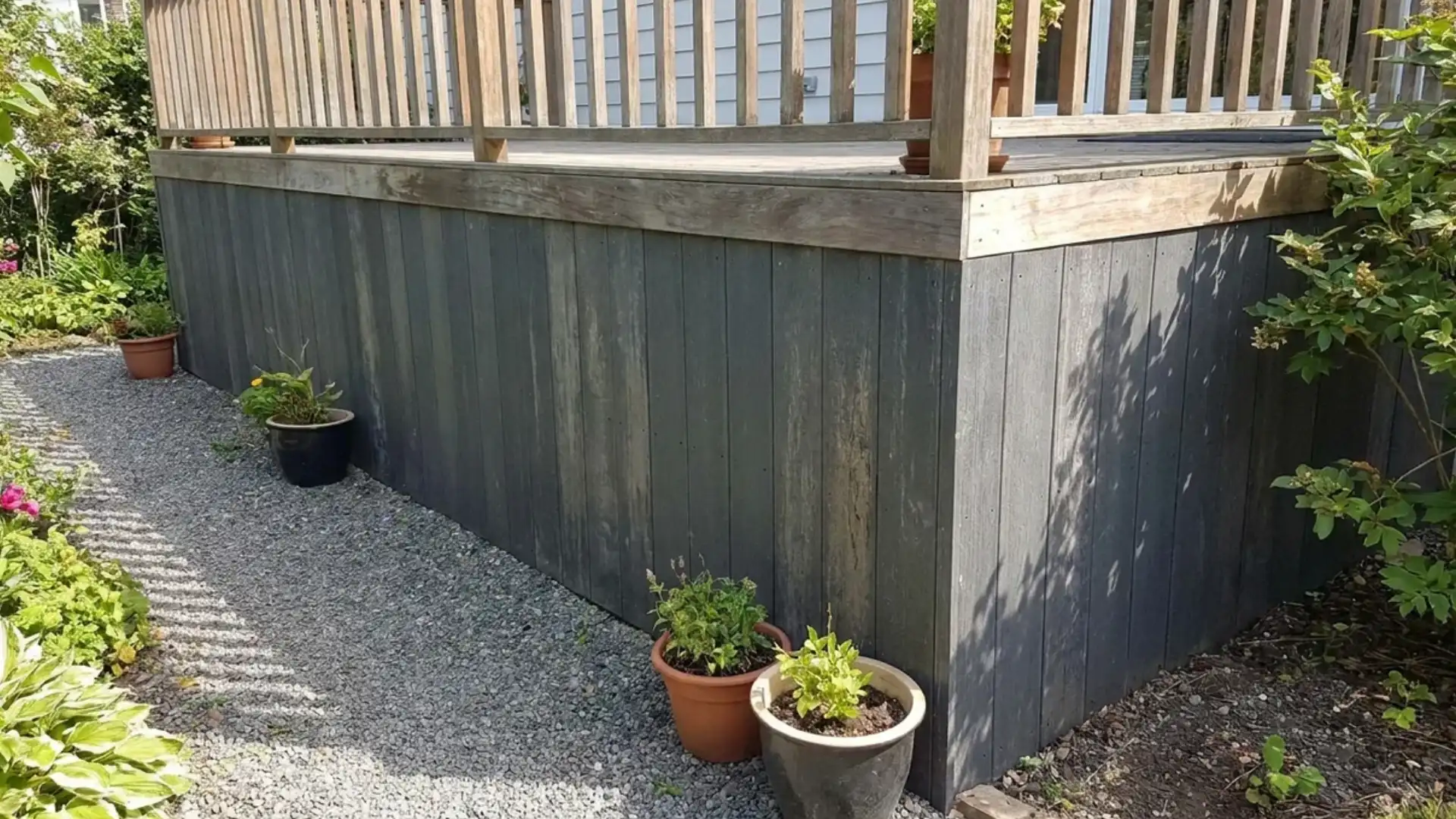 dark solid composite panel deck skirting corner with potted plants on gravel