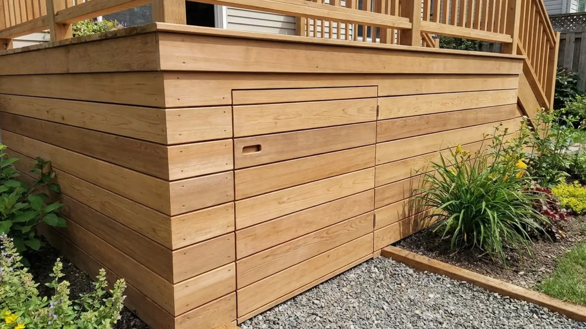 deck skirting with built-in access door open showing stored garden tools