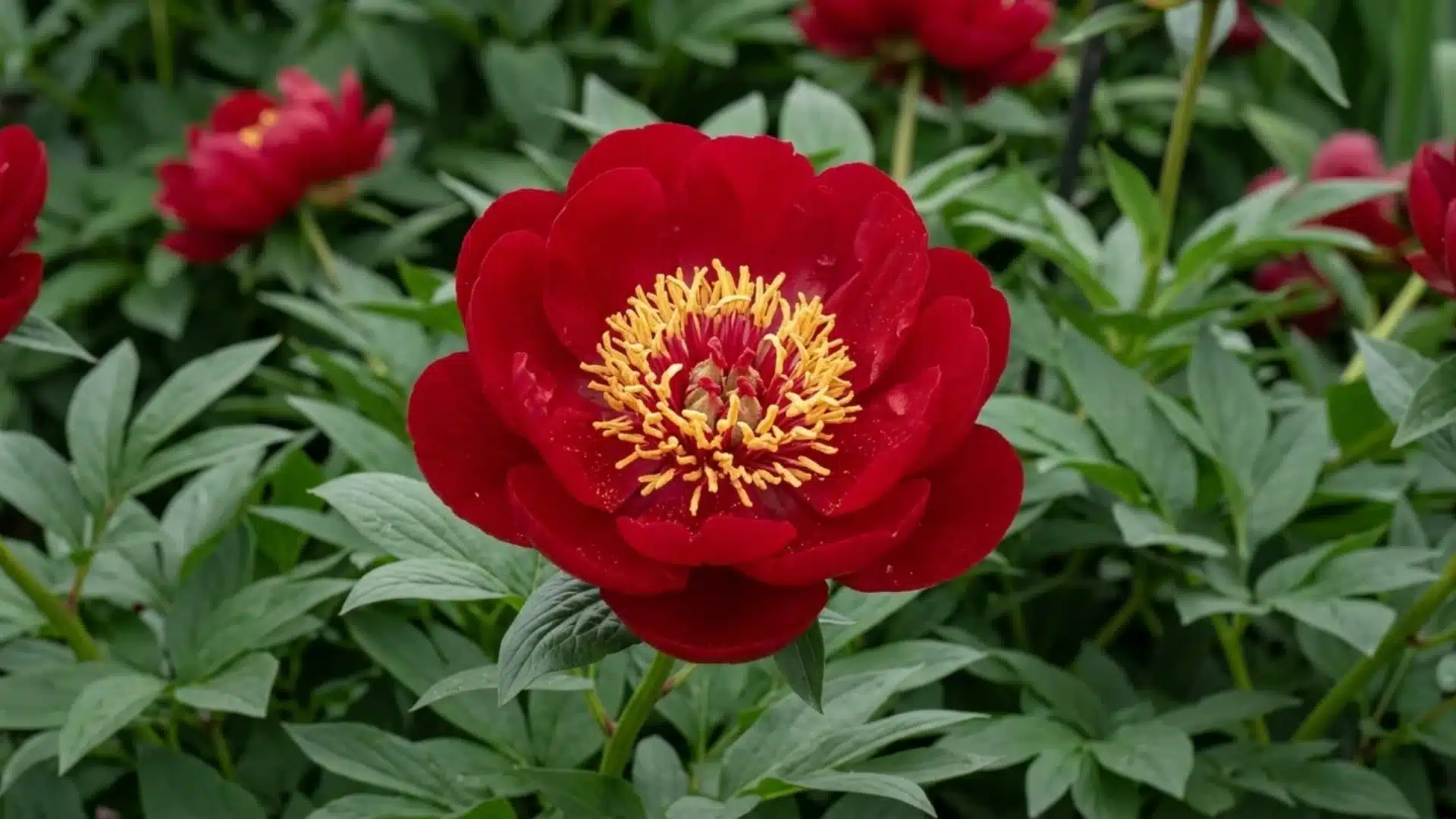deep red buckeye belle peony bloom with golden center growing in a green garden bed